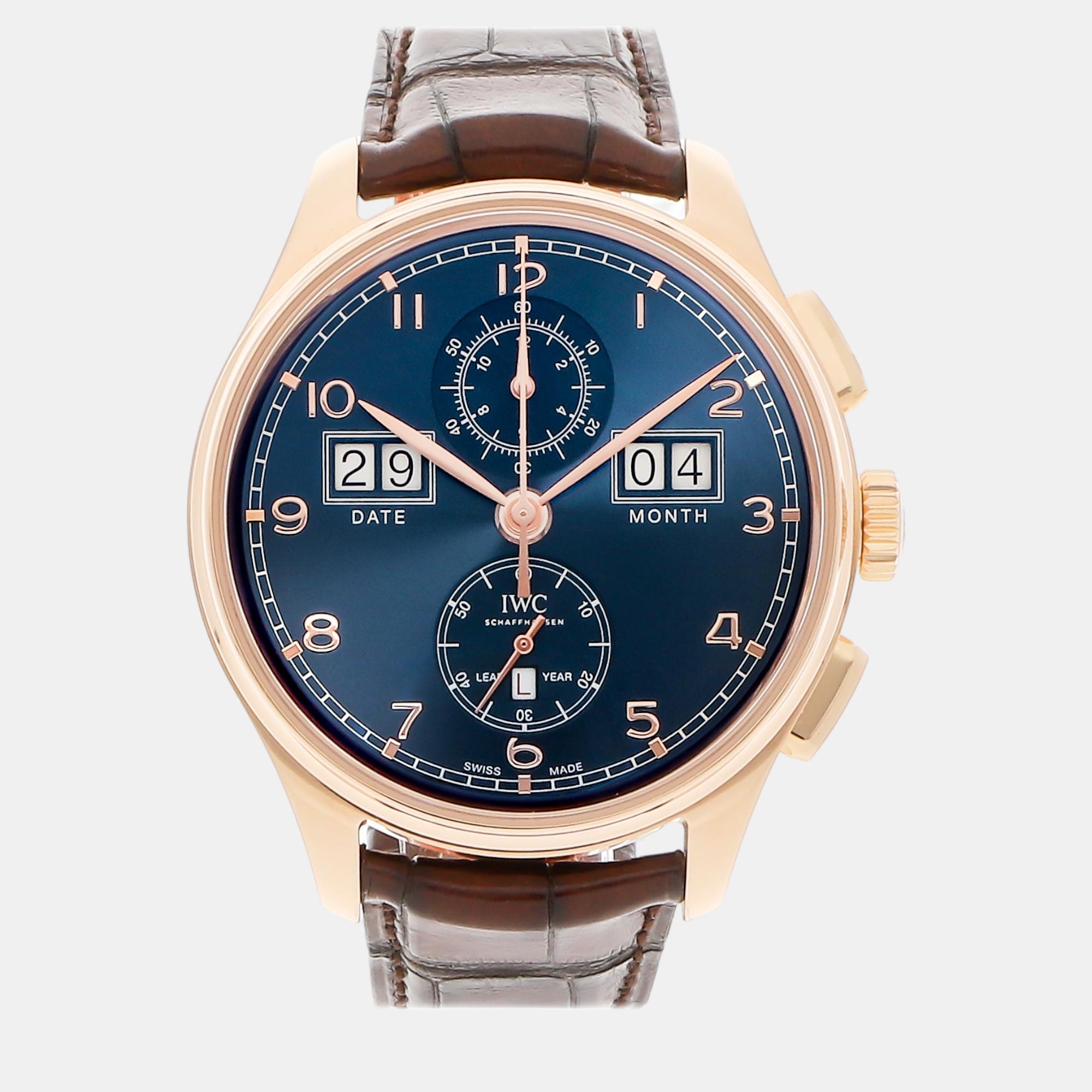 Iwc blue 18k rose gold portugieser iw3972-04 automatic men's wristwatch 45 mm