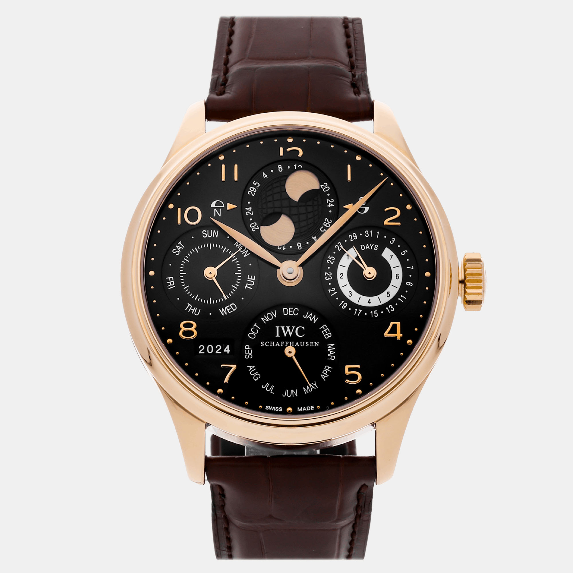 Iwc black 18k rose gold portugieser automatic men's wristwatch 44 mm