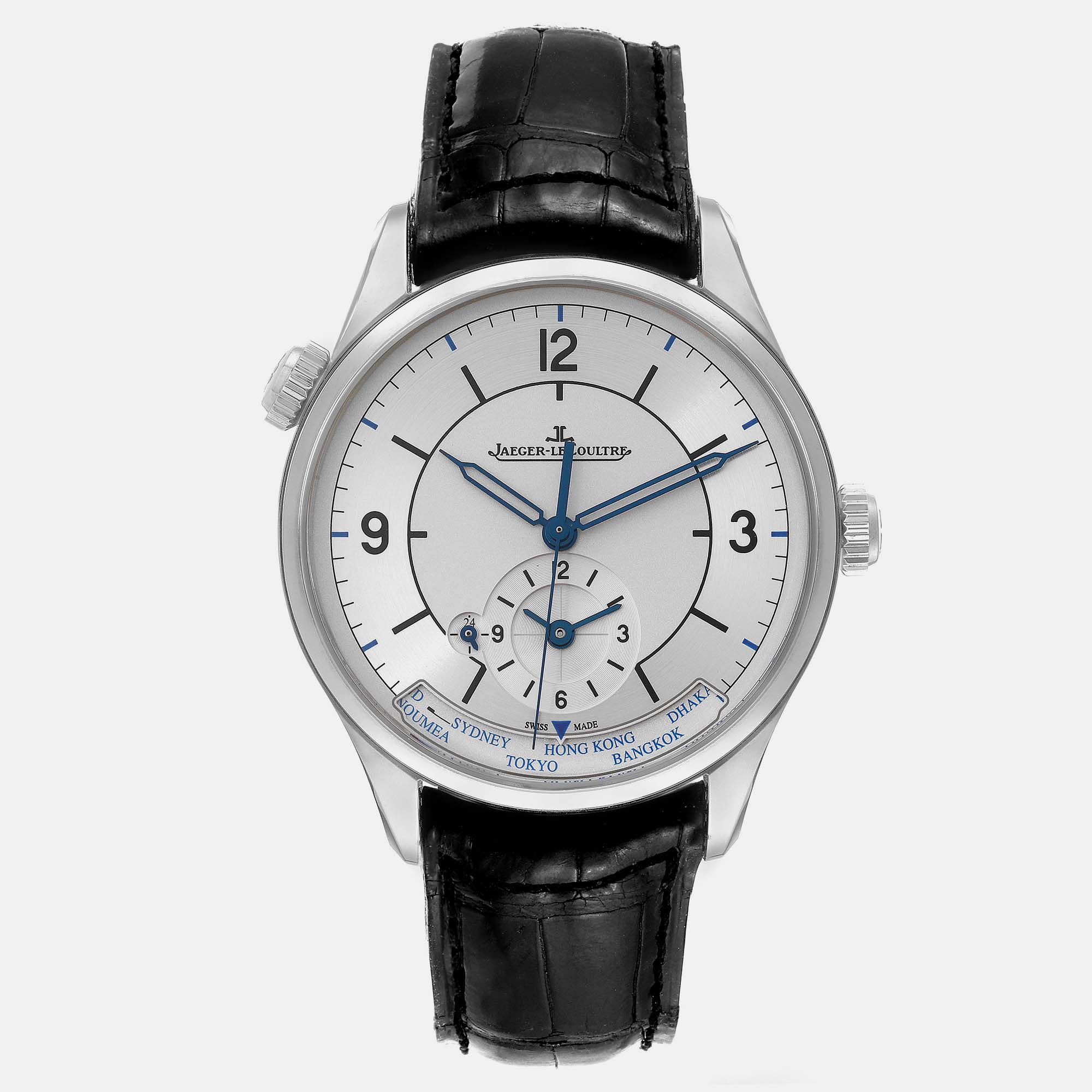 Jaeger LeCoultre Silver Stainless Steel Master Geographique Q1428530 Automatic Men's Wristwatch 39 Mm