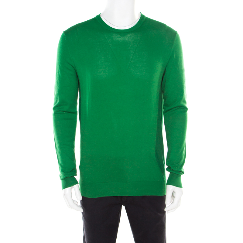 Jil Sander Parrot Green Rib Knit Long Sleeve Crew Neck Pullover L