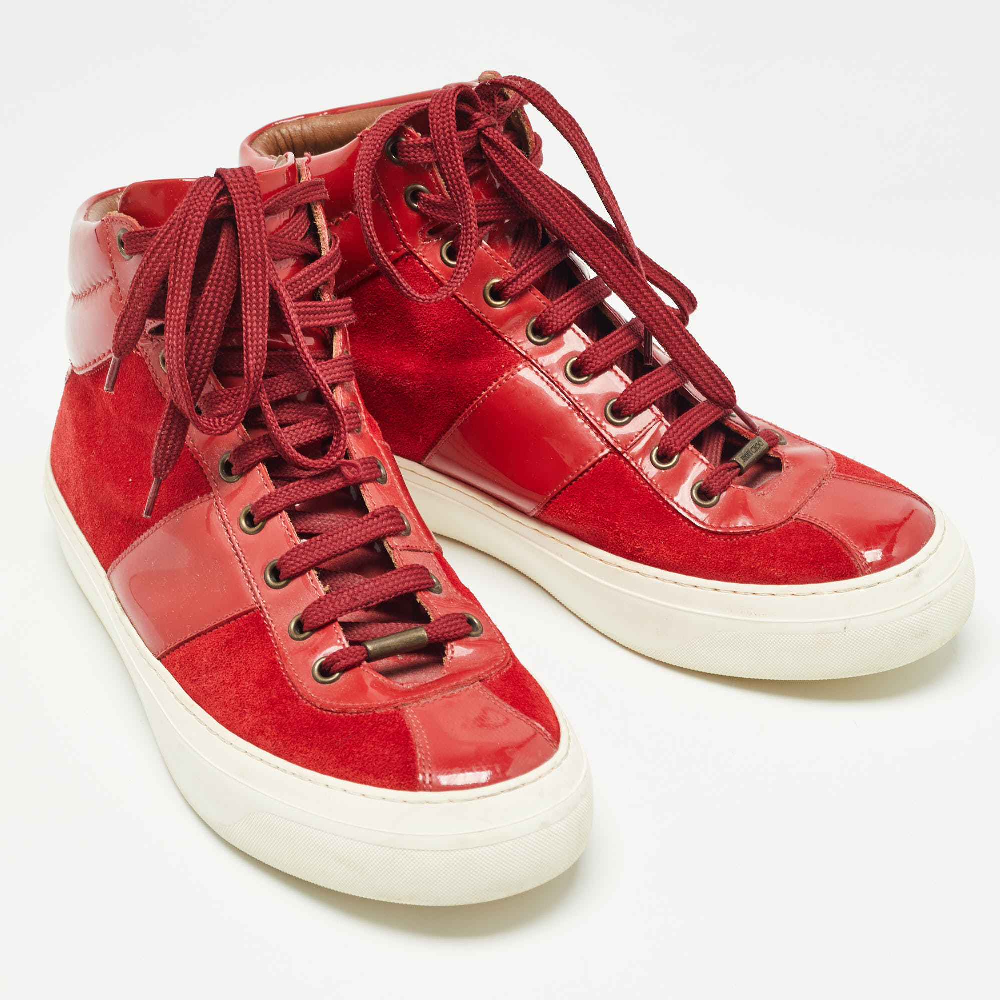 Jimmy Choo Red Suede And Patent High Top Sneakers Size 42.5