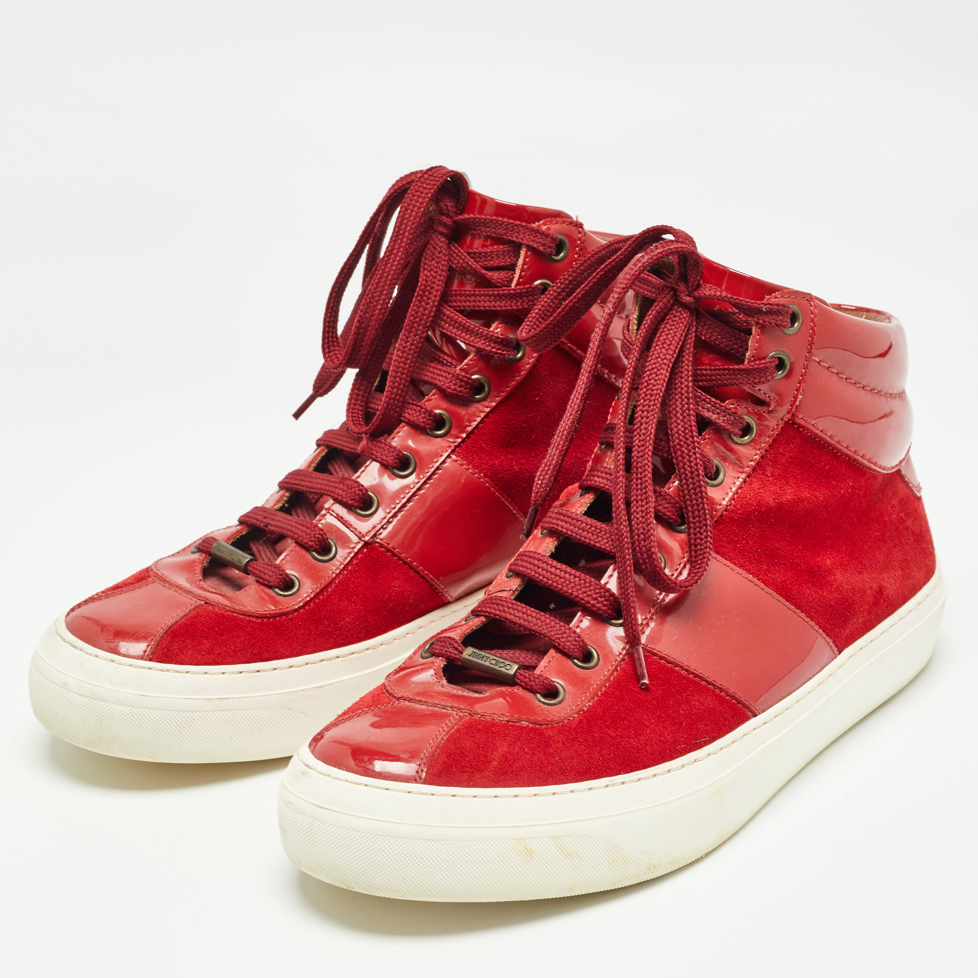 Jimmy Choo Red Suede And Patent High Top Sneakers Size 42.5