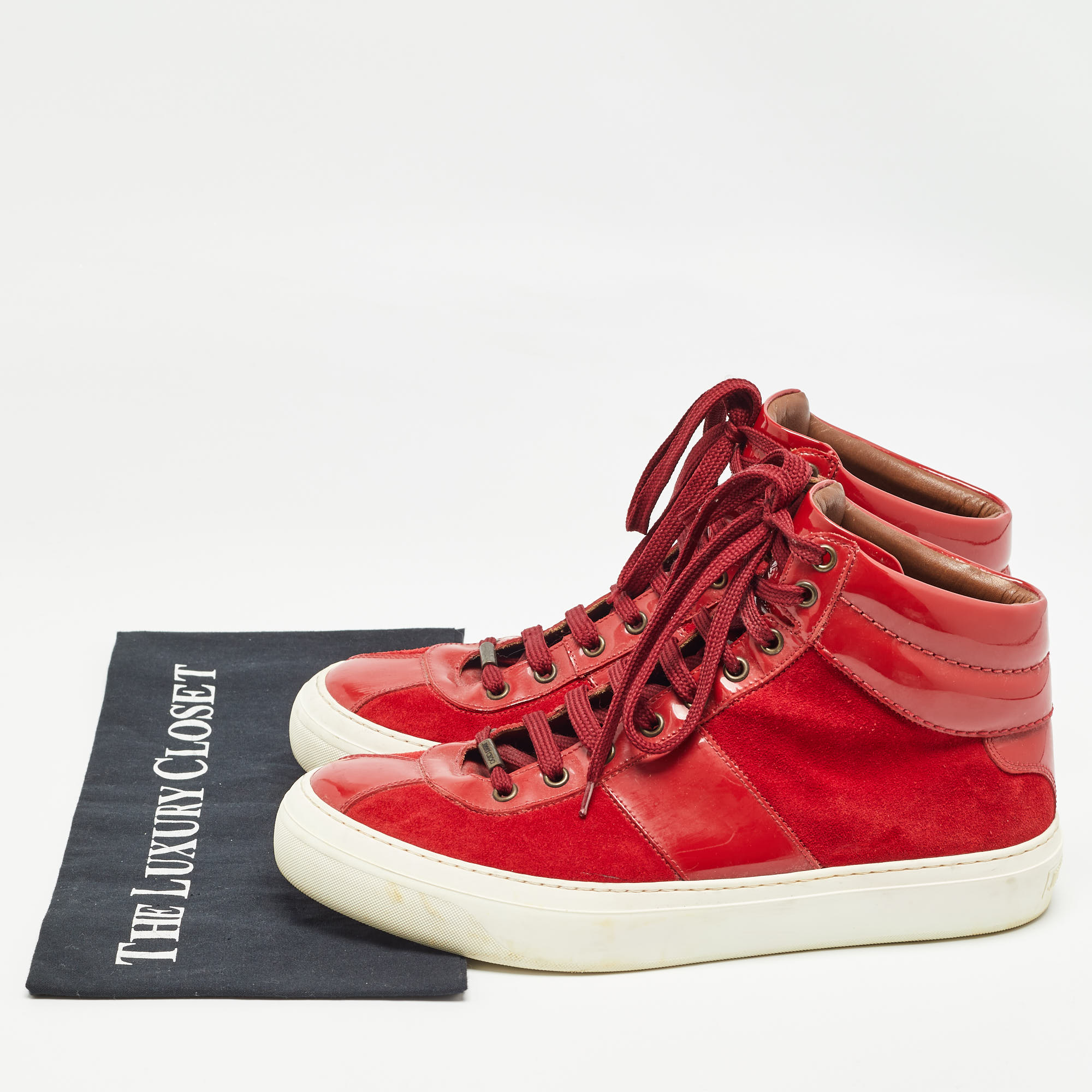 Jimmy Choo Red Suede And Patent High Top Sneakers Size 42.5