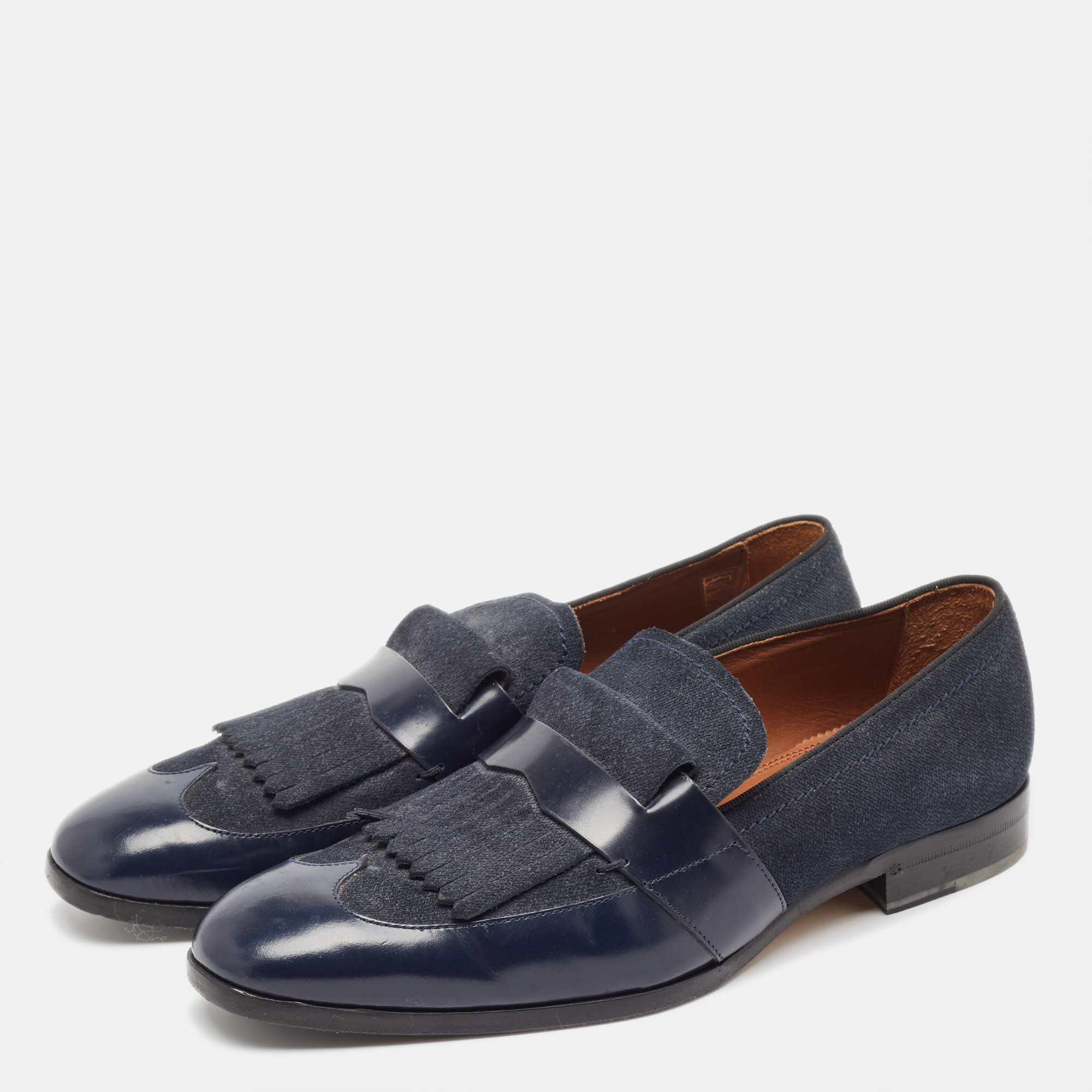 Jimmy Choo Navy Blue Leather And Denim Loafers Size 45