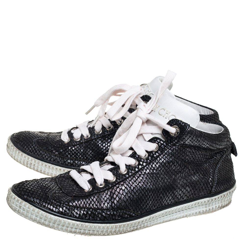 Jimmy Choo Metallic Black Python Embossed Leather High Top Sneakers Size 43