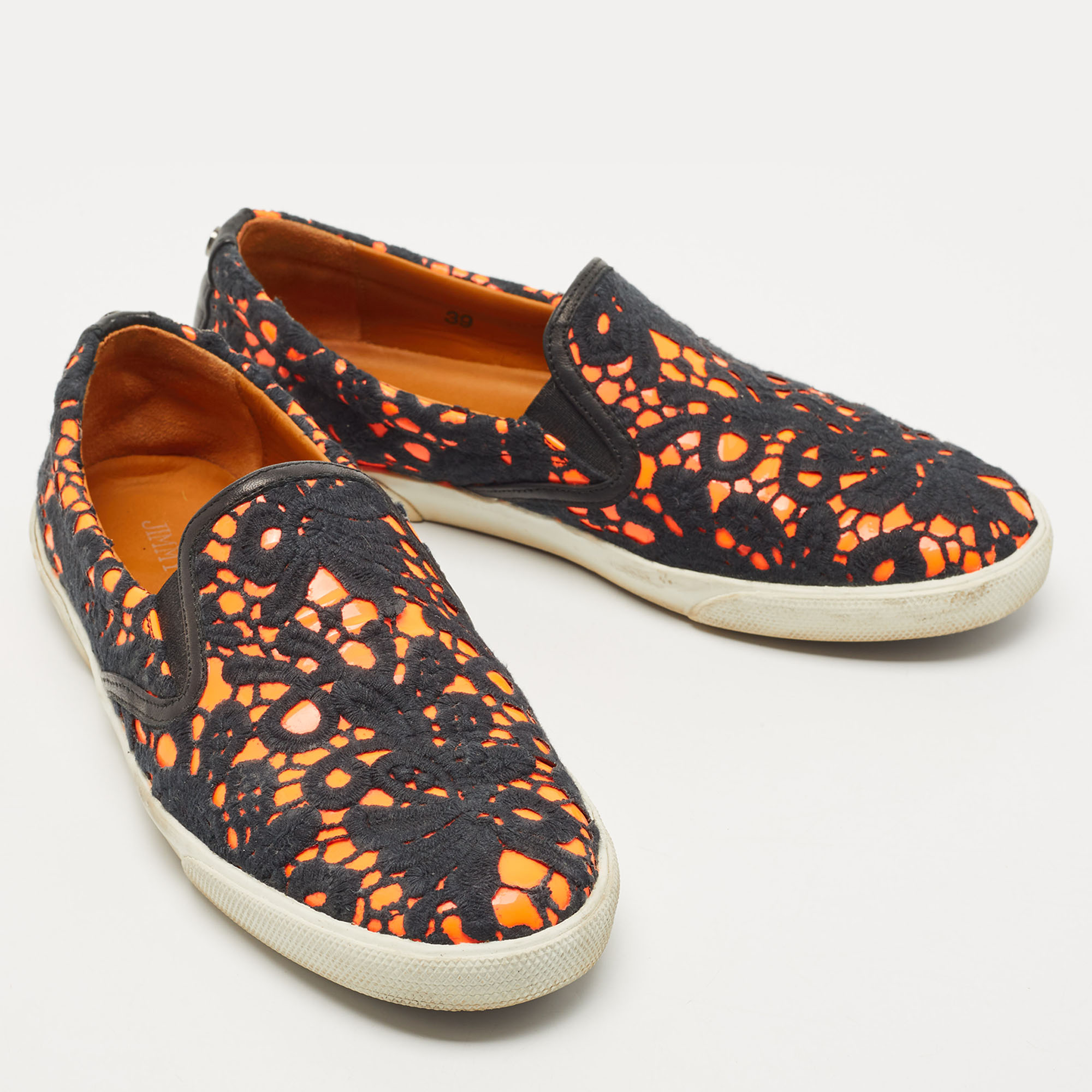 Jimmy Choo Black/Orange Lace Slip On Sneakers Size 39