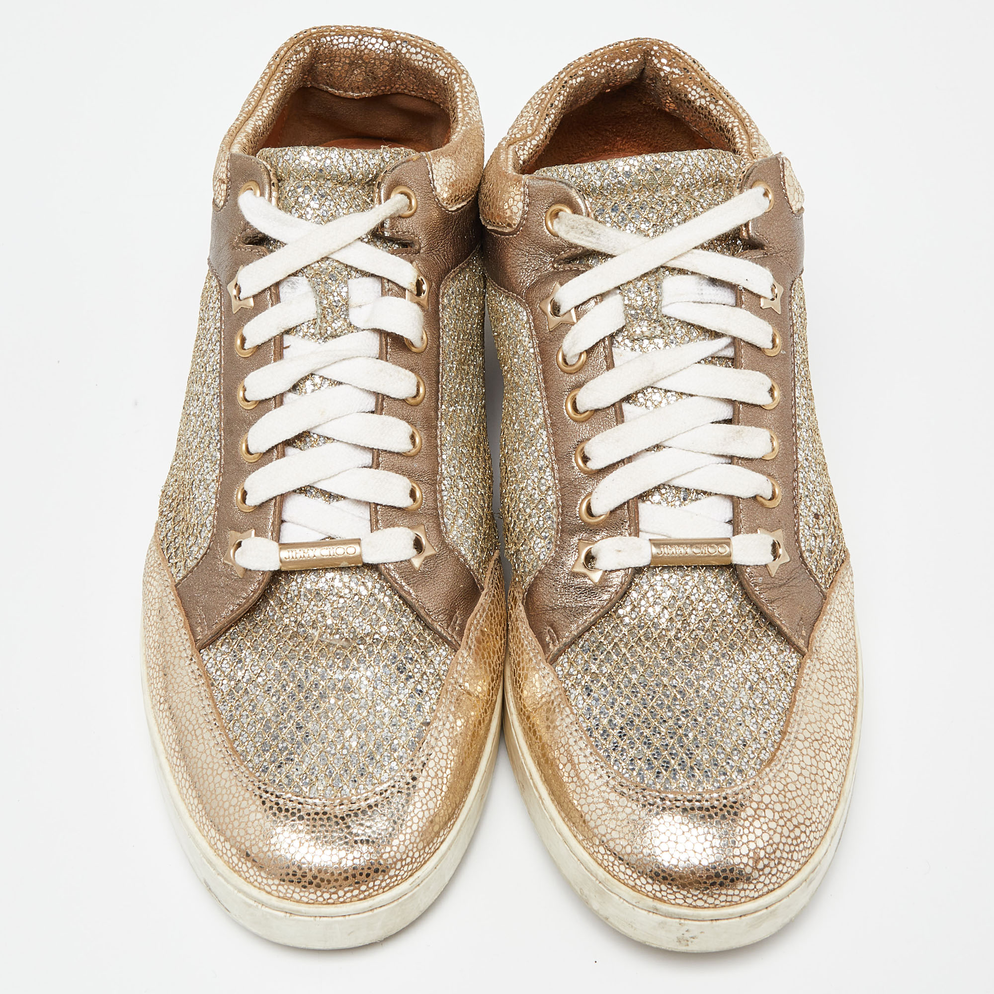 Jimmy Choo Gold Leather And Coarse Glitter Miami High Top Sneakers Size 41