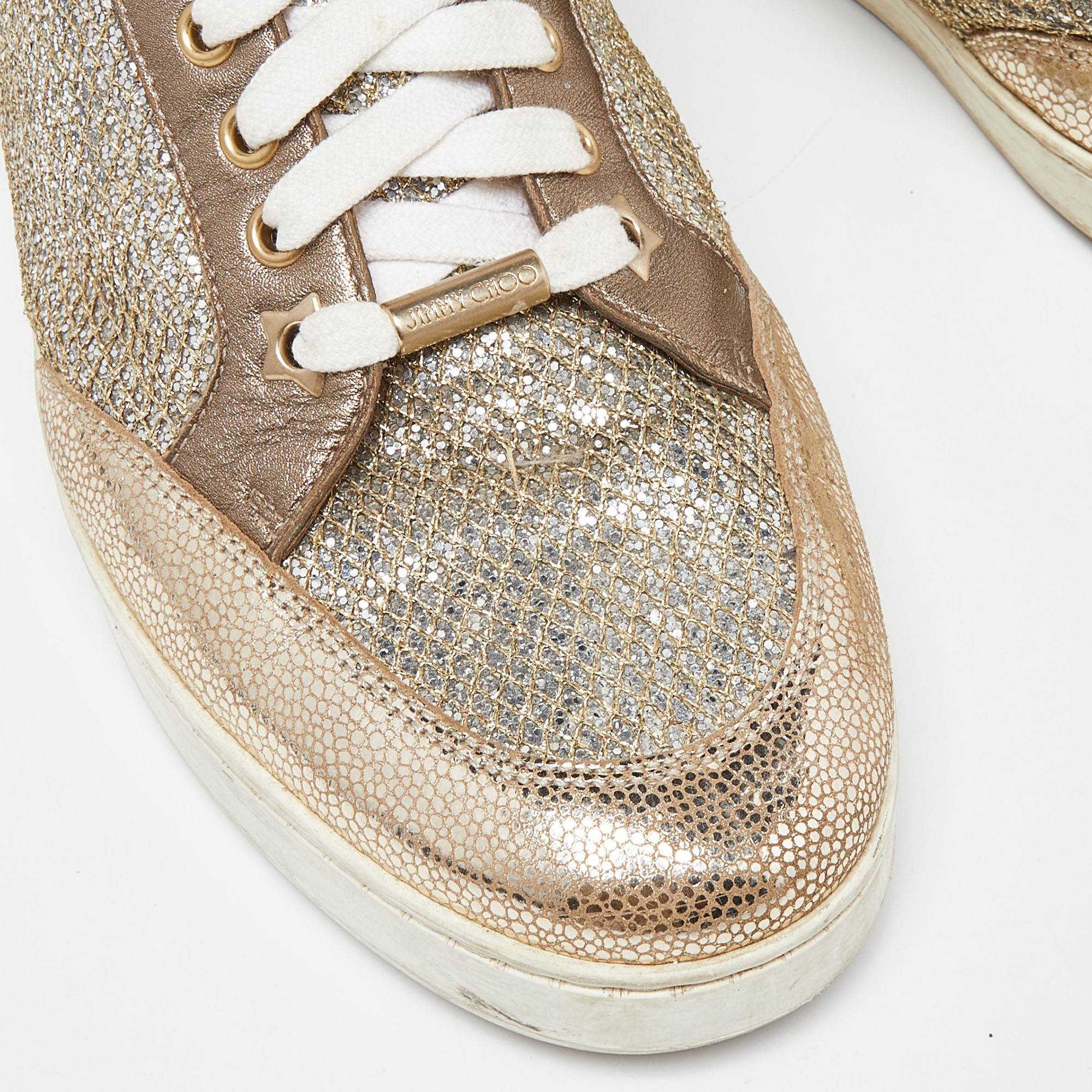 Jimmy Choo Gold Leather And Coarse Glitter Miami High Top Sneakers Size 41