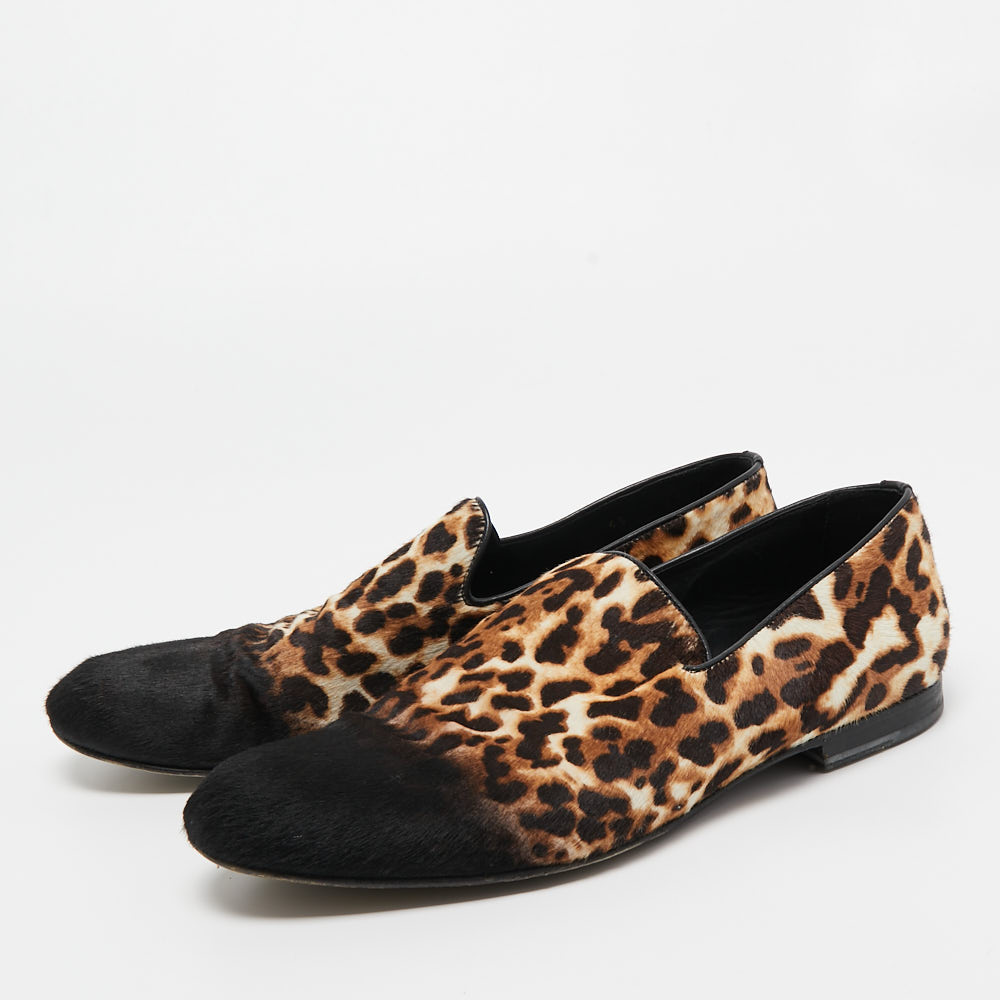 Jimmy Choo Tricolor Leopard Print Calf Hair Smoking Slippers Size 43