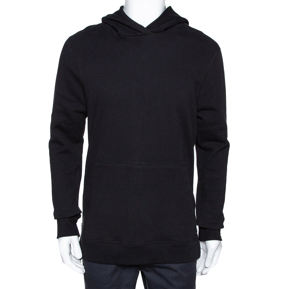 John Elliott Black Cotton Side Zip Detail Hooded Villain Sweatshirt L