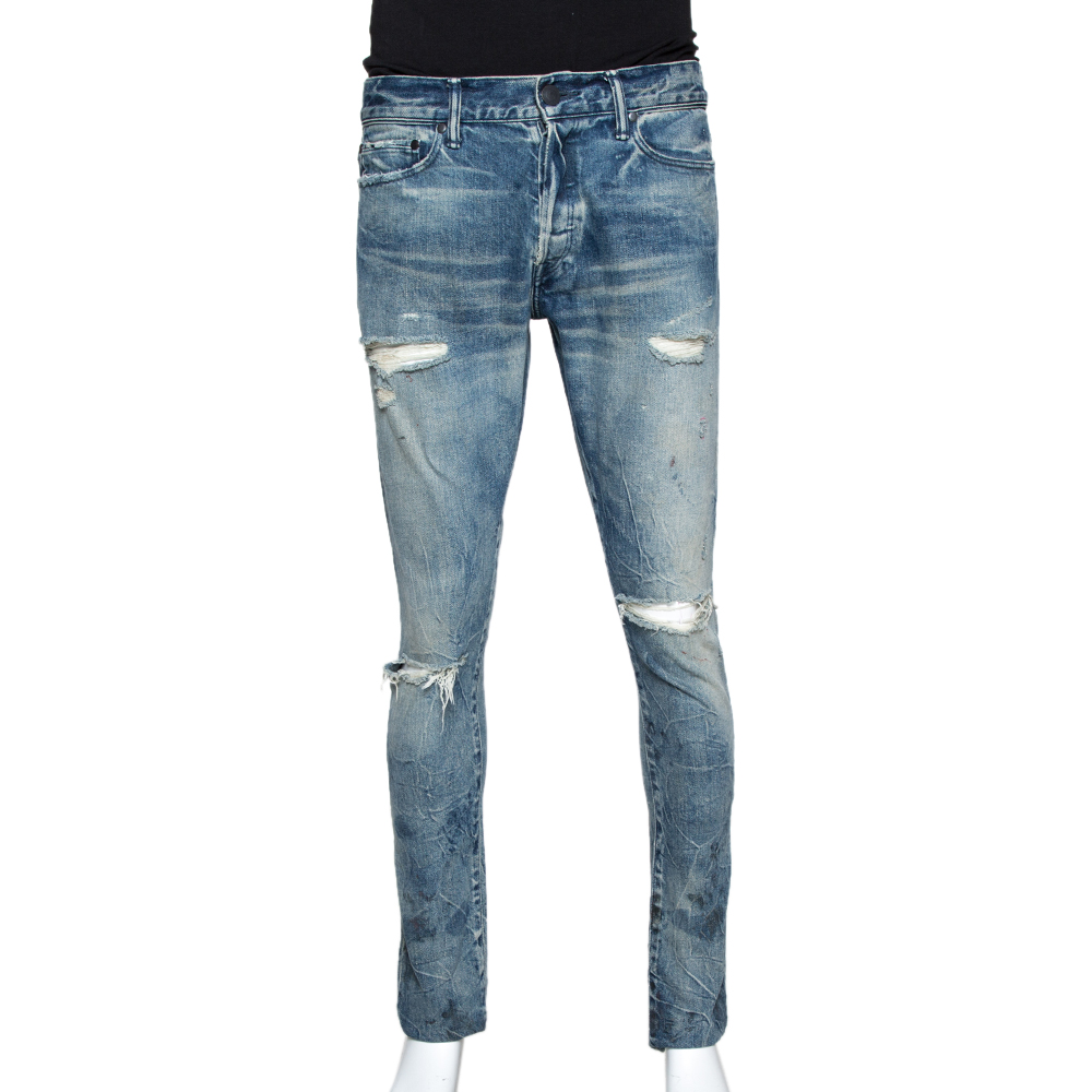Image of John Elliott Blue Distressed Denim The Cast  Slim Fit Jeans M