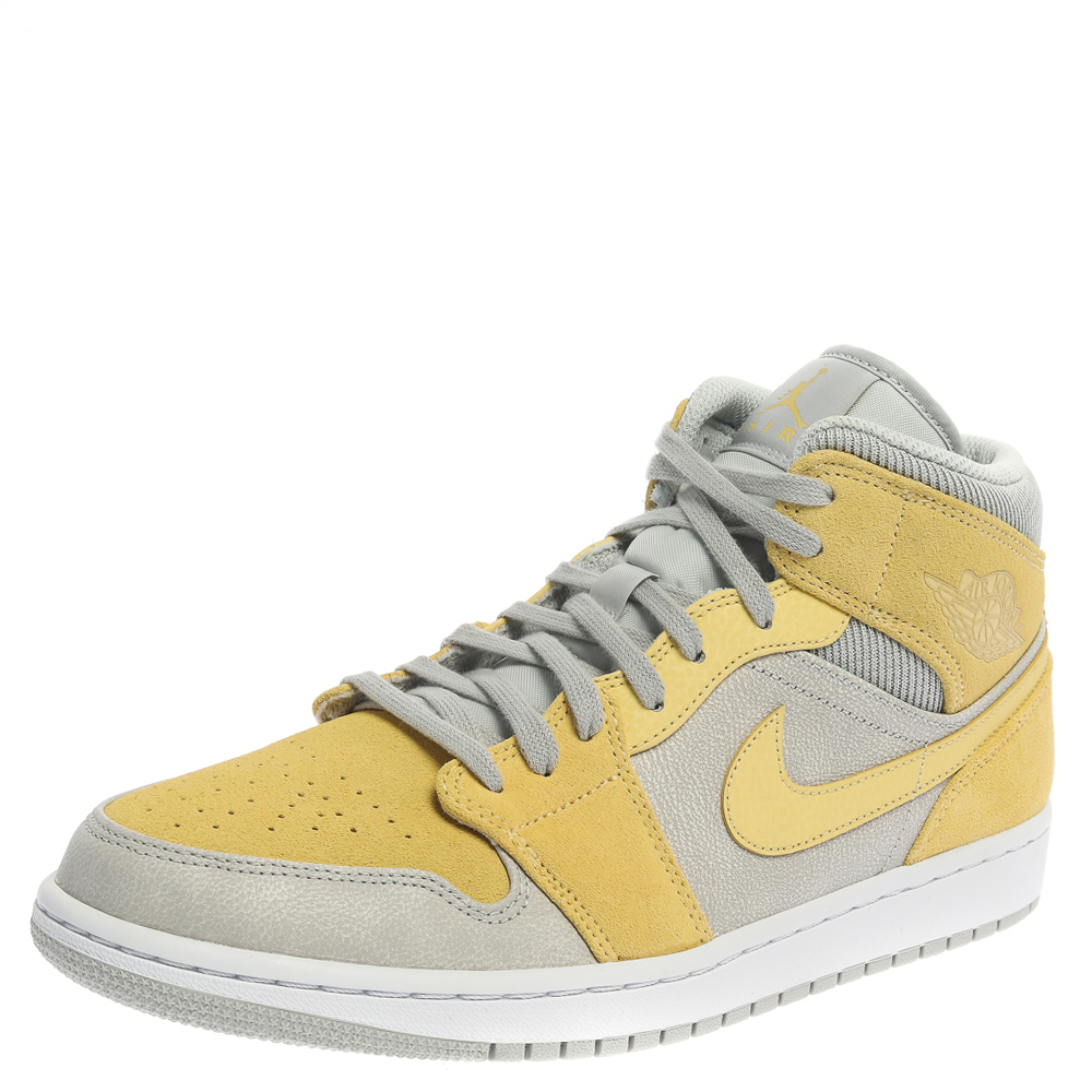 Image of Air Jordan  Mid Nike Yellow/Grey Leather and Suede High Top Sneakers Size .