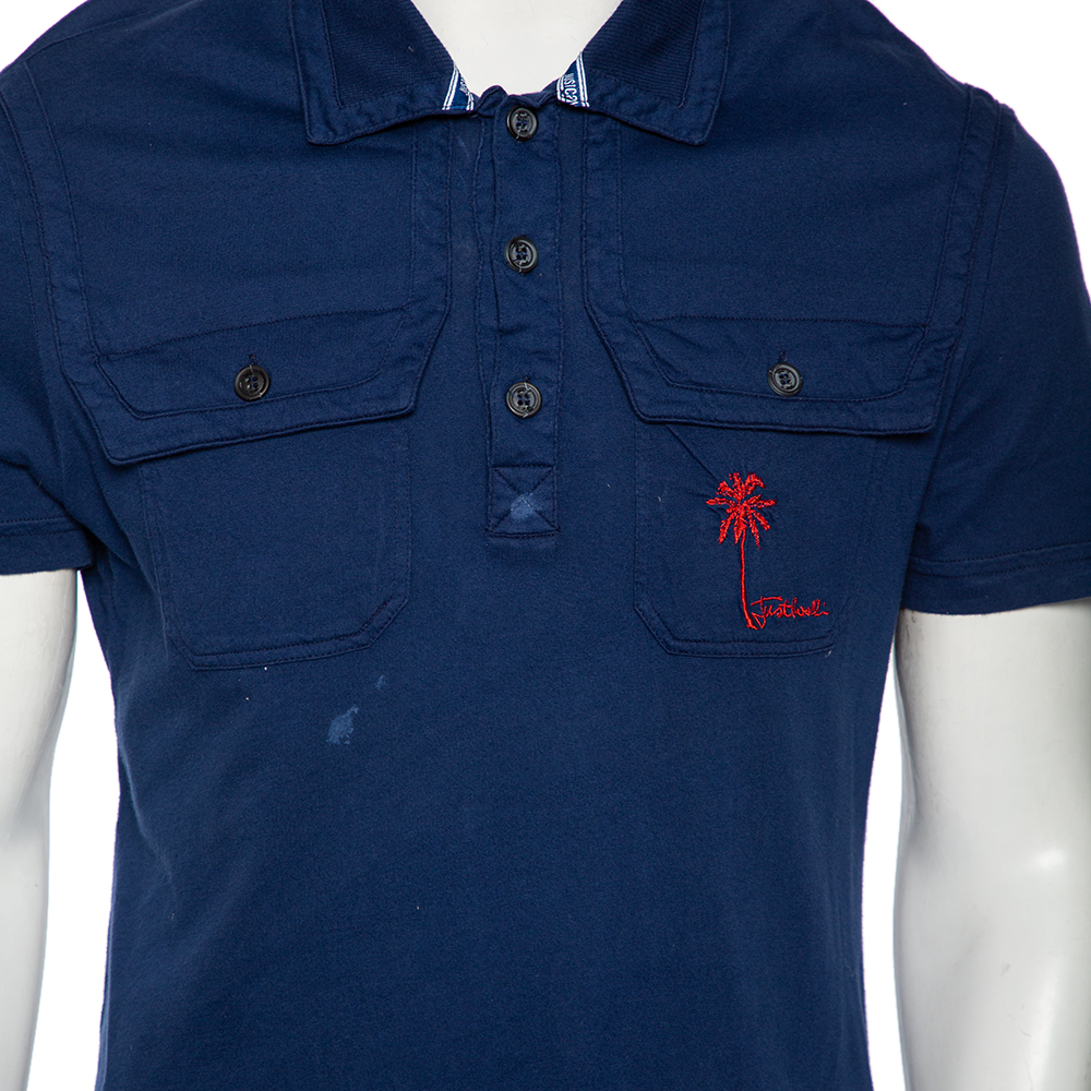 Just Cavalli Blue Cotton Palm Tree Embroidered Polo T Shirt XL