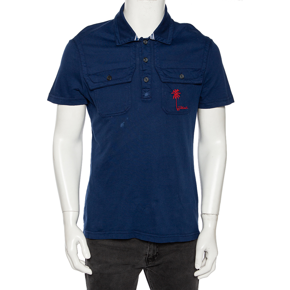 

Just Cavalli Blue Cotton Palm Tree Embroidered Polo T Shirt
