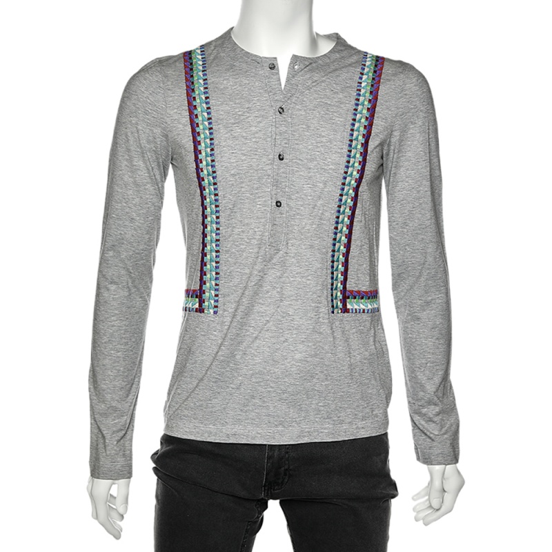 Just Cavalli Grey Cotton Embroidered Detailed Long Sleeve T-Shirt M