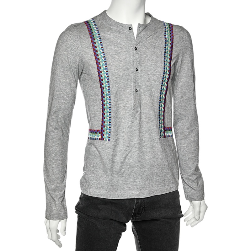 Just Cavalli Grey Cotton Embroidered Detailed Long Sleeve T-Shirt M