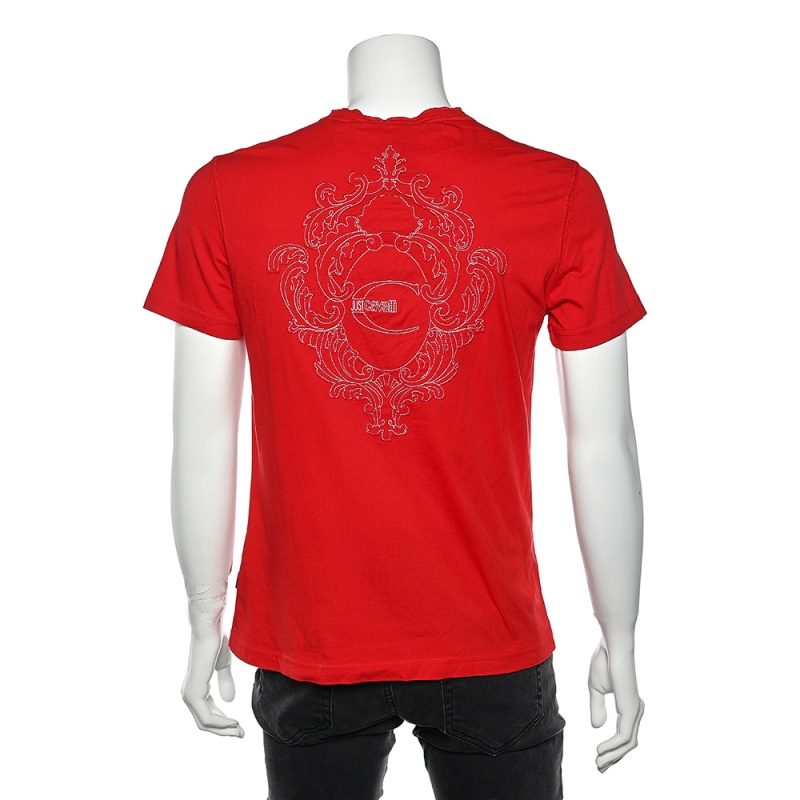 Just Cavalli Red Cotton Knit Logo Embroidered Button Front T-Shirt L