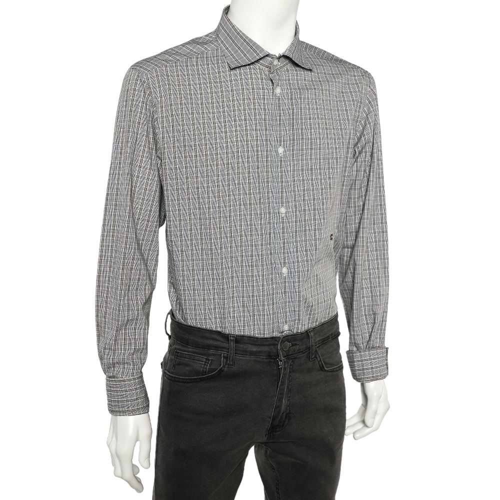 Just Cavalli Grey Checkered Cotton Button Front Shirt 3XL