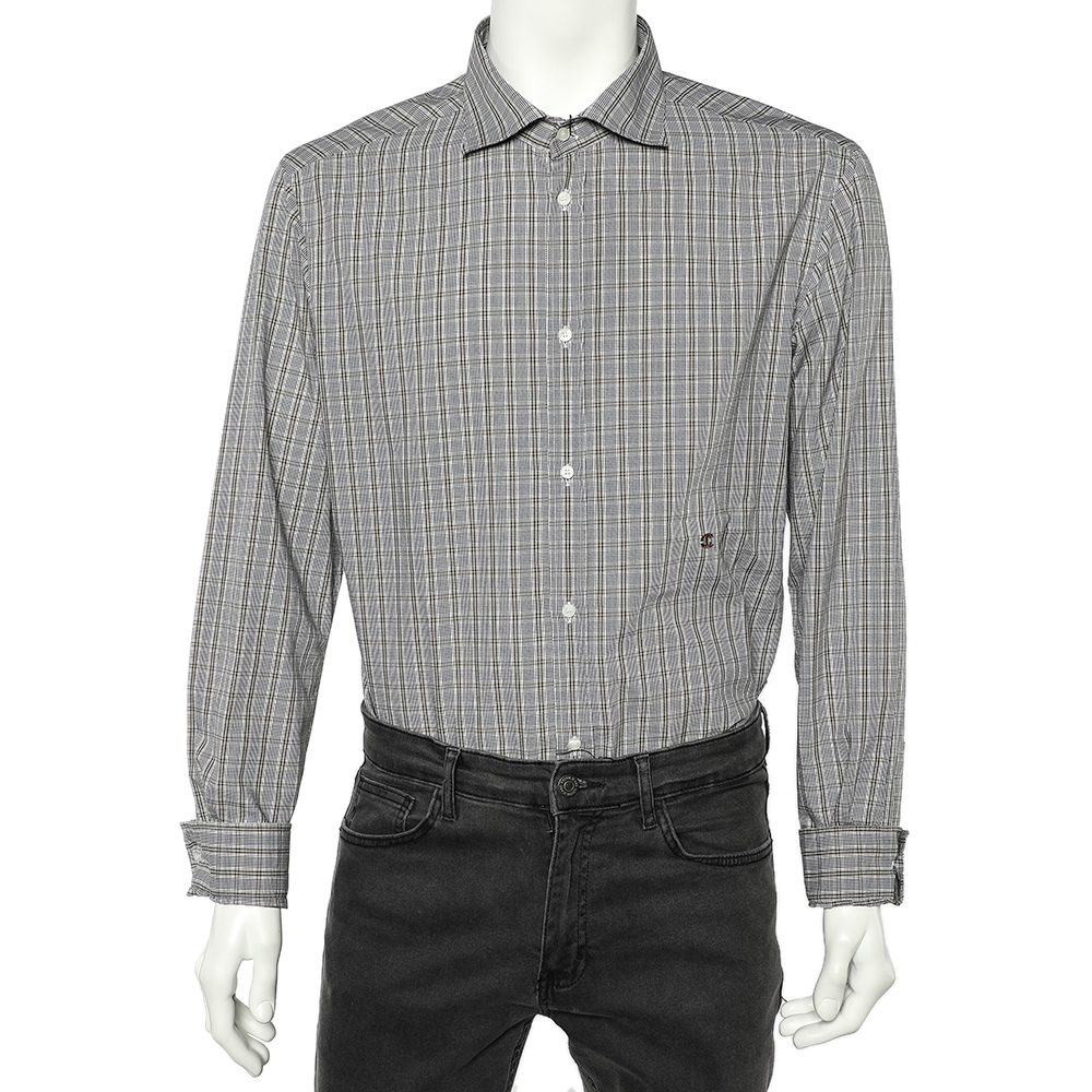 Just Cavalli Grey Checkered Cotton Button Front Shirt 3XL