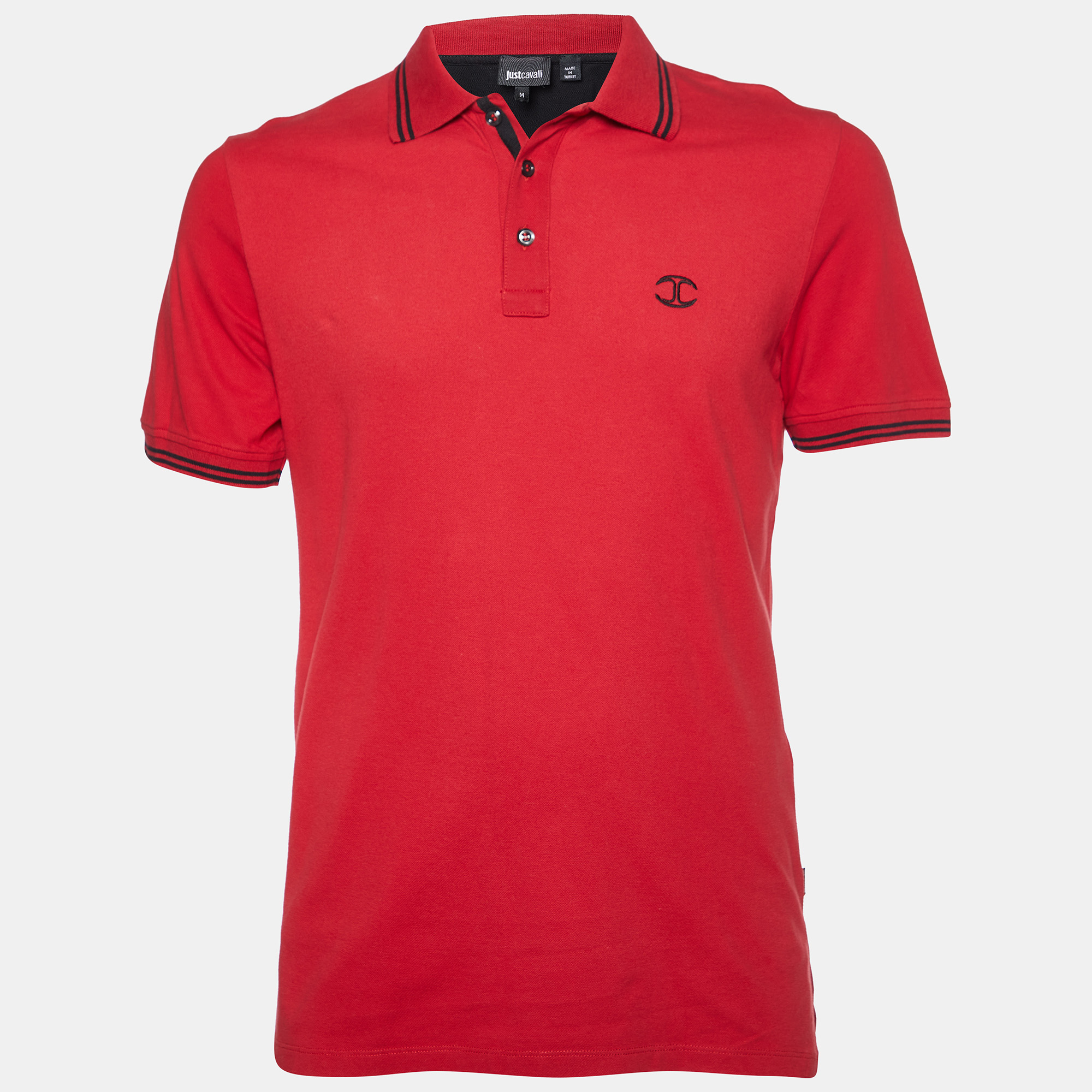 Just cavalli red logo embroidered cotton polo t-shirt m
