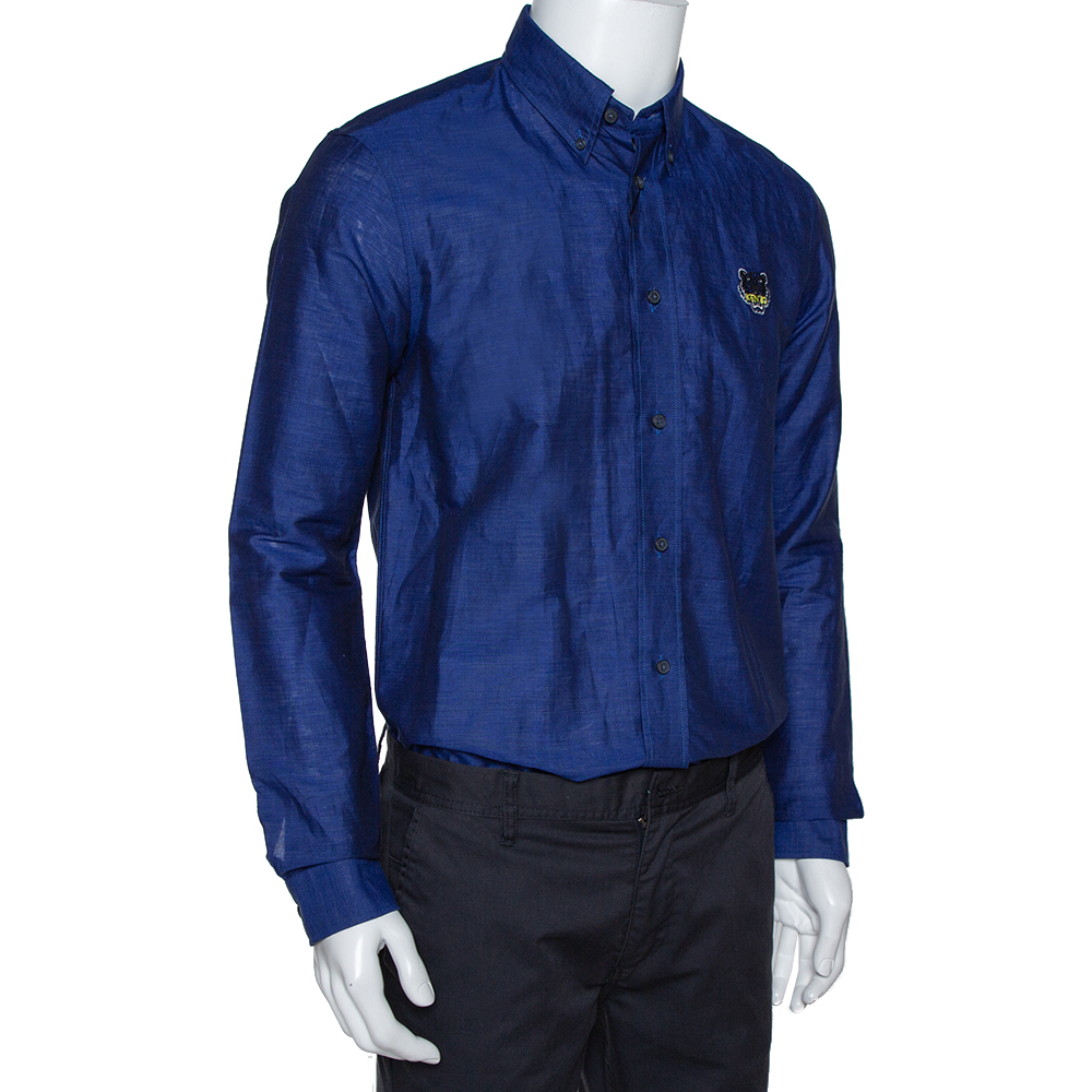 

Kenzo Navy Blue Tiger Crest Embroidered Linen Blend Button Down Shirt