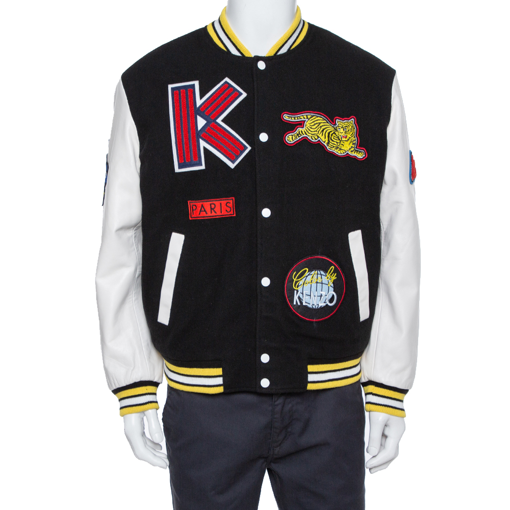 Image of Kenzo Black Wool Blend Logo-Patch Leather Varsity Jacket M
