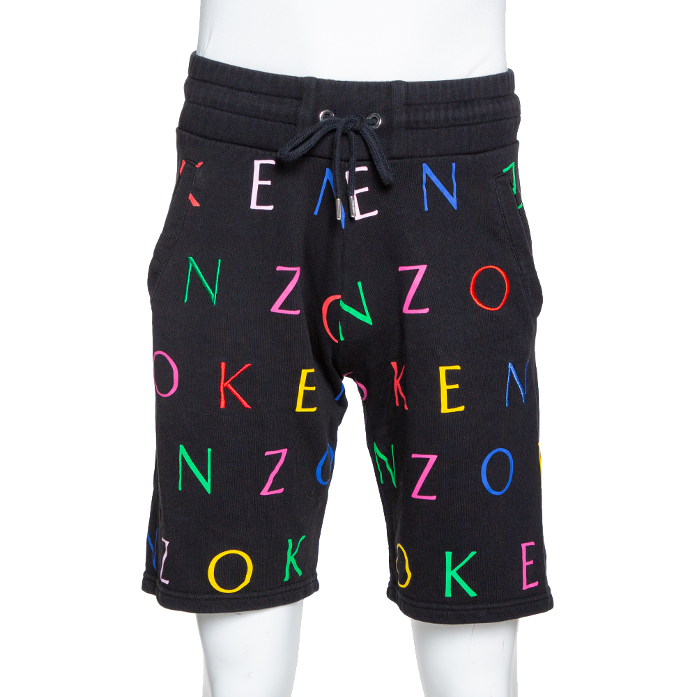 Image of Kenzo Black Cotton Logo Print Drawstring Waist Shorts S