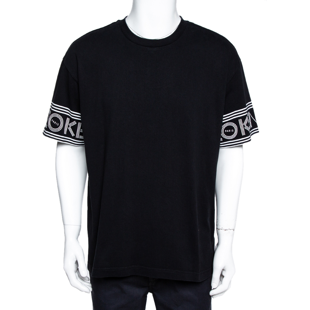 Image of Kenzo Black Cotton Jersey Logo Cuff Print T-Shirt XL