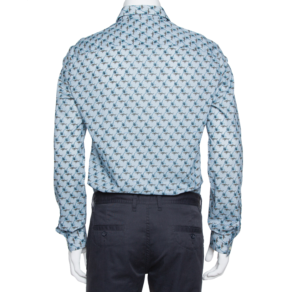 Kenzo Light Blue Fish Print Cotton Long Sleeve Slim Fit Shirt XL