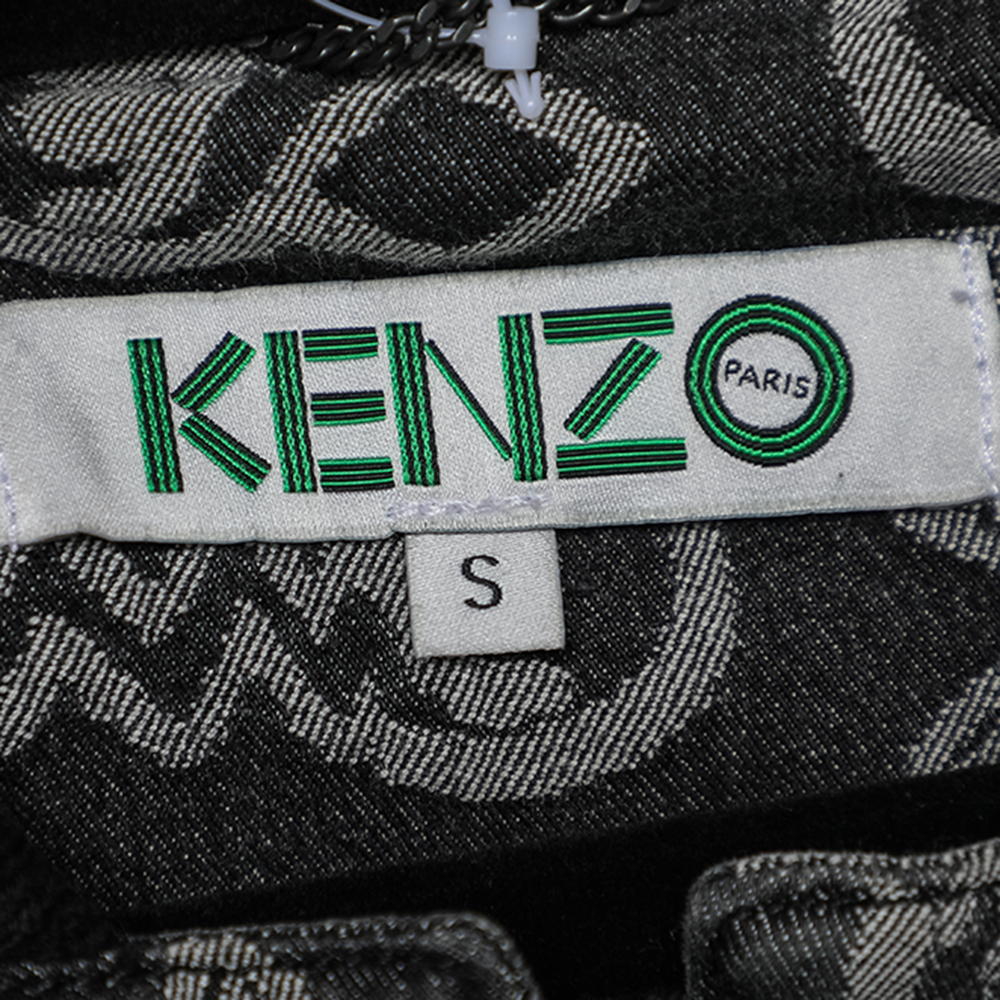 Kenzo Charcoal Grey Logo Jacquard Denim Button Front Jacket S
