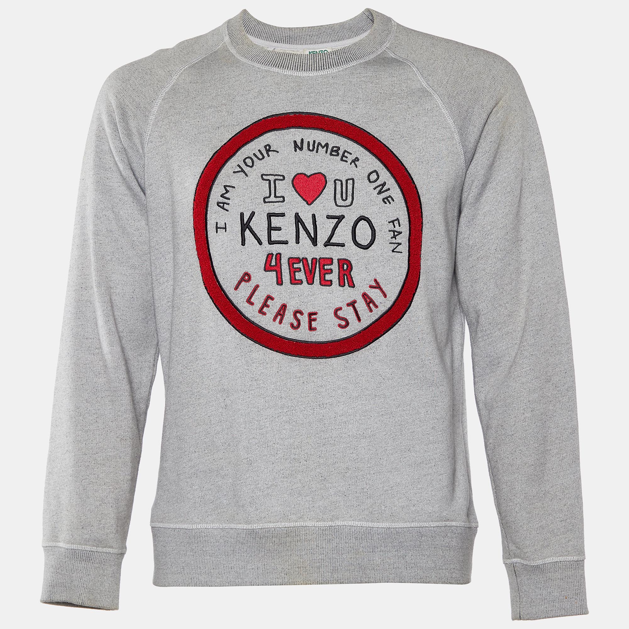 Kenzo Grey Cotton Knit I Love U Embroidered Sweatshirt M