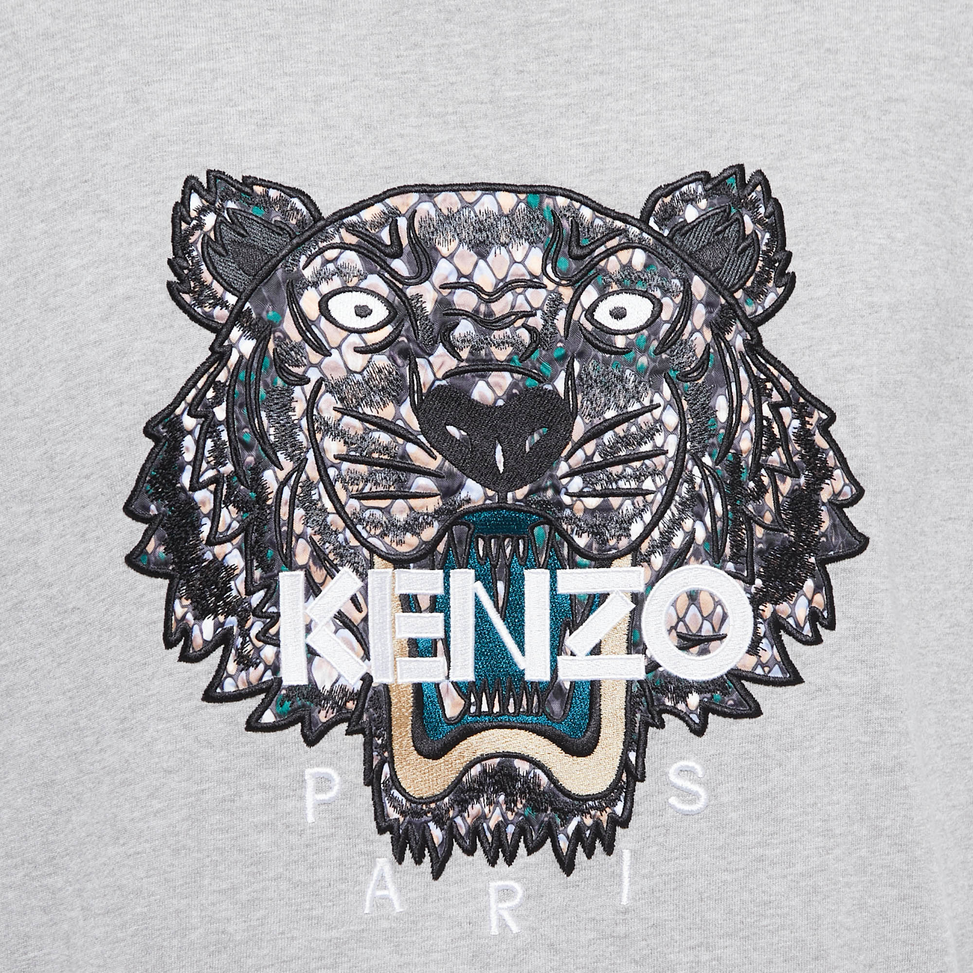 Kenzo Grey Logo Embroidered Cotton Crew Neck T-Shirt L