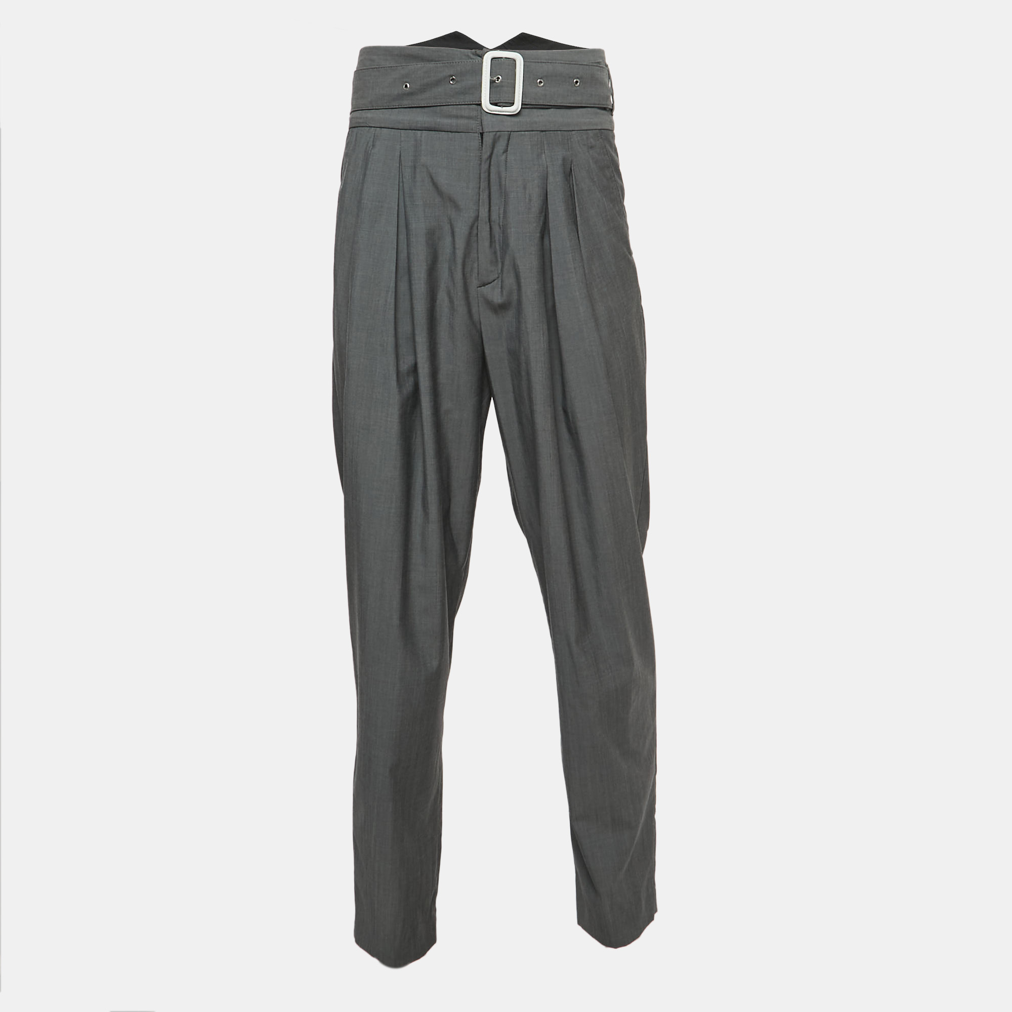 Kenzo Grey Wool Pleated High Waist Belted Trousers L