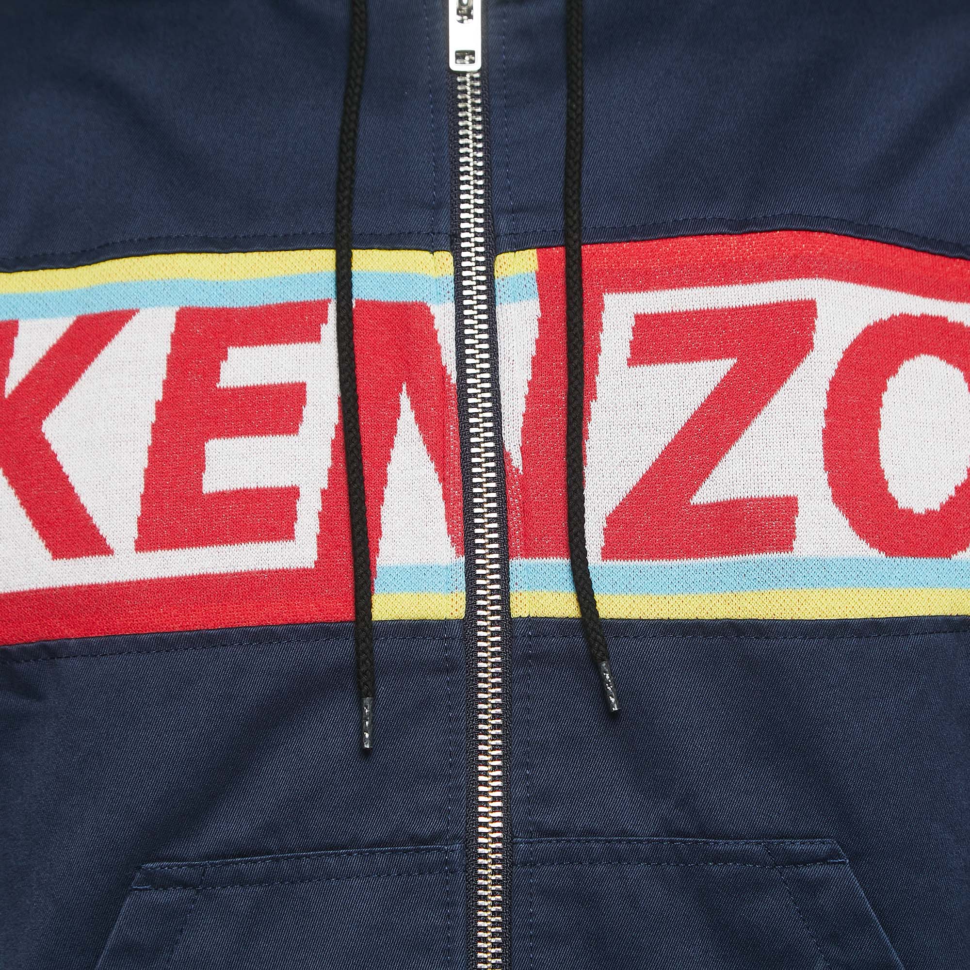 Kenzo Navy Blue Gabardine Logo Detailed Zip Front Hooded Jacket S