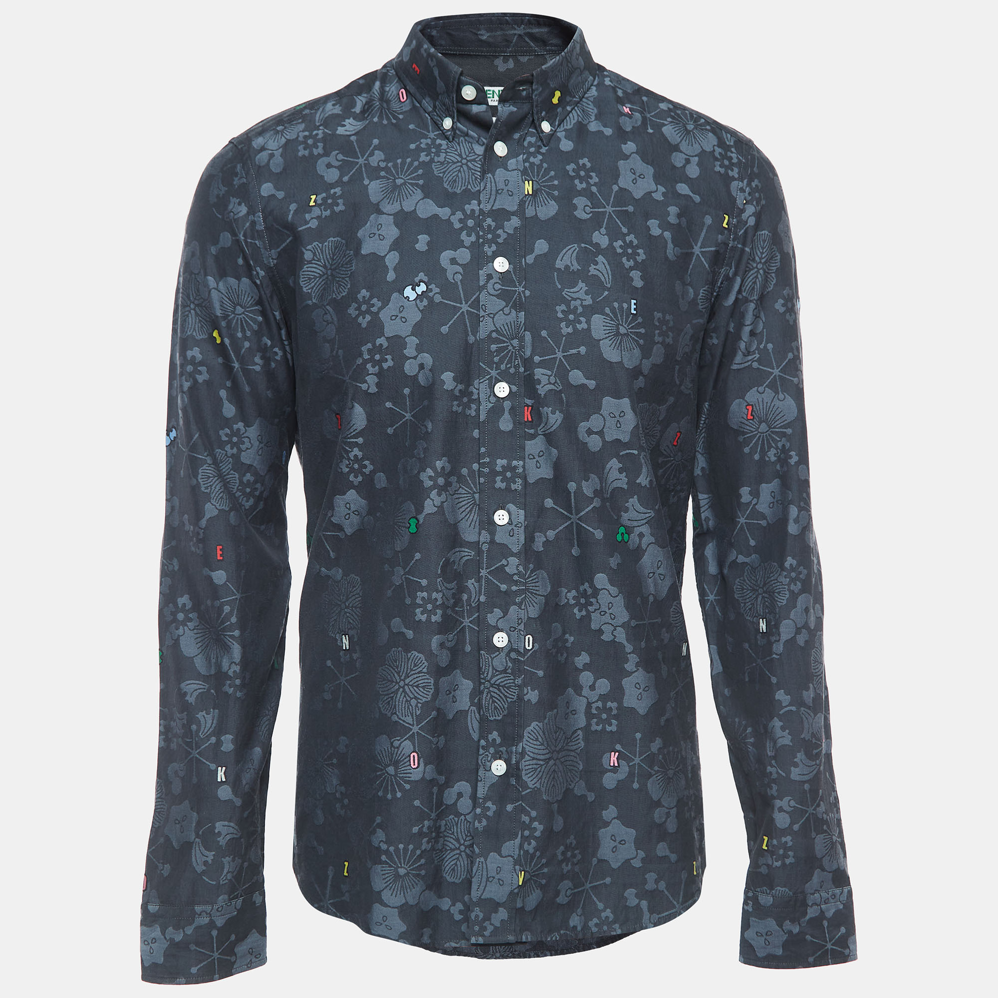 Kenzo Navy Blue Floral Patterned Button Down Full Sleeve Shirt M