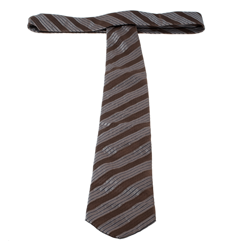 Lanvin Brown And Grey Diagonal Striped Silk Tie
