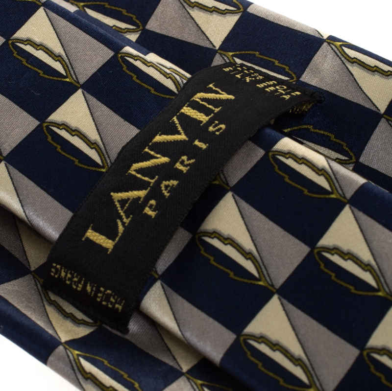 Lanvin Blue Checkered Leaf Print Silk Tie