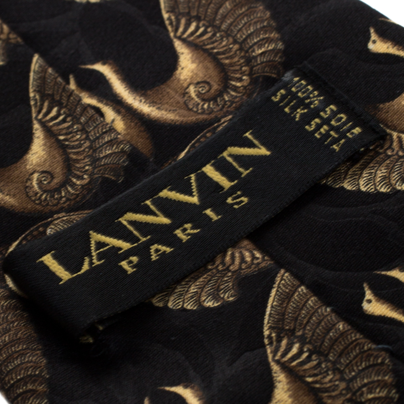 Lanvin Vintage Black And Gold Bird Print Silk Tie