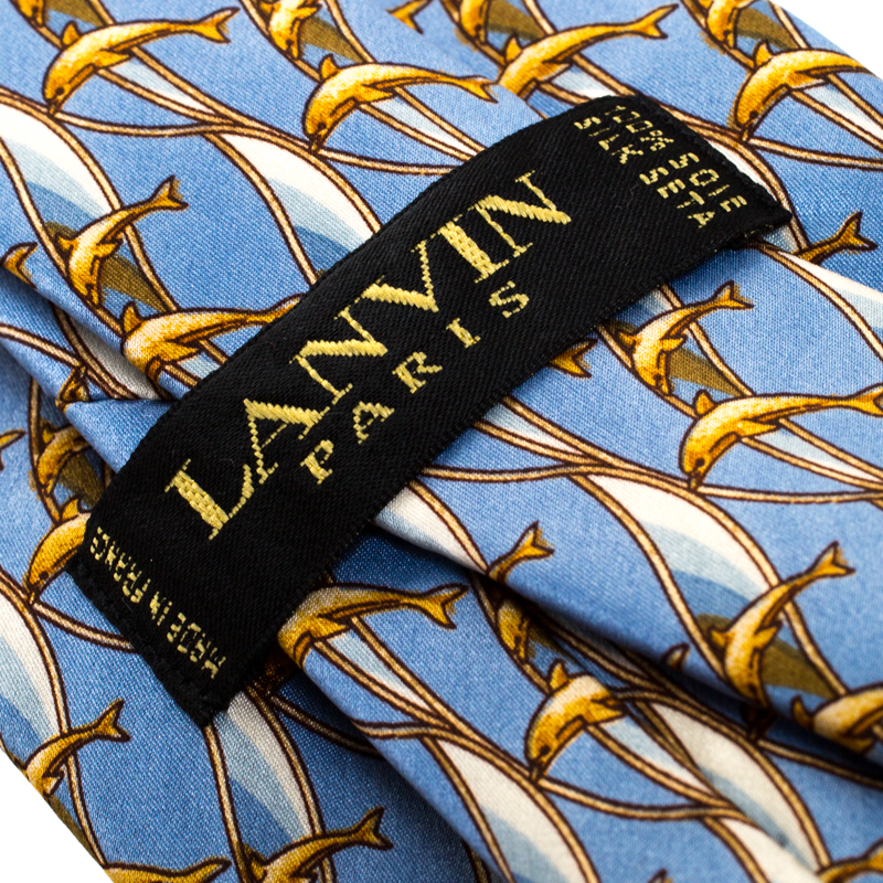 Lanvin Vintage Blue And Gold Dolphin Print Silk Tie