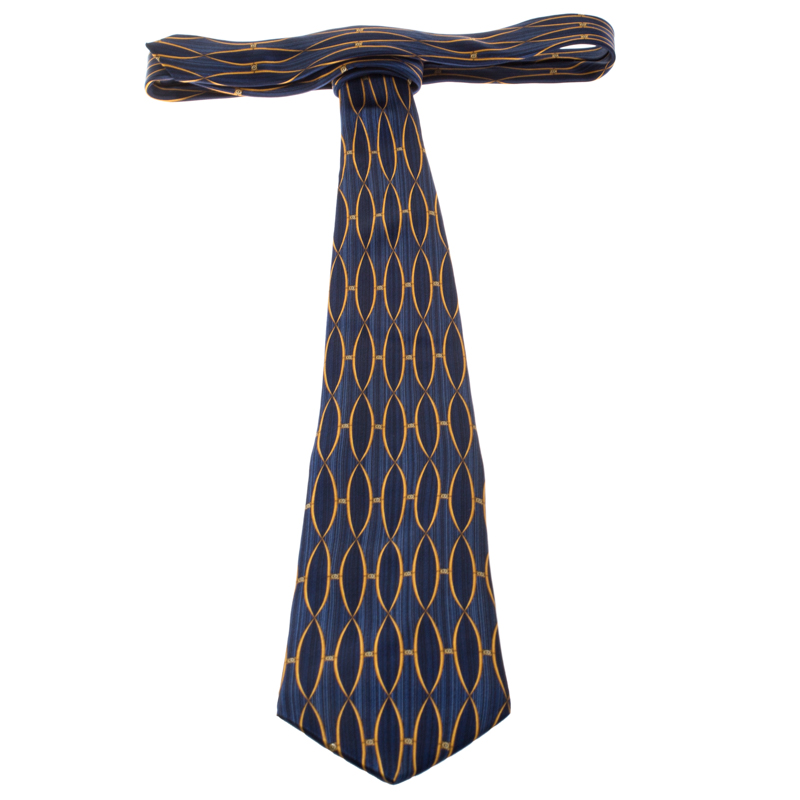 Lanvin Vintage Blue Lattice Motif Print Silk Tie