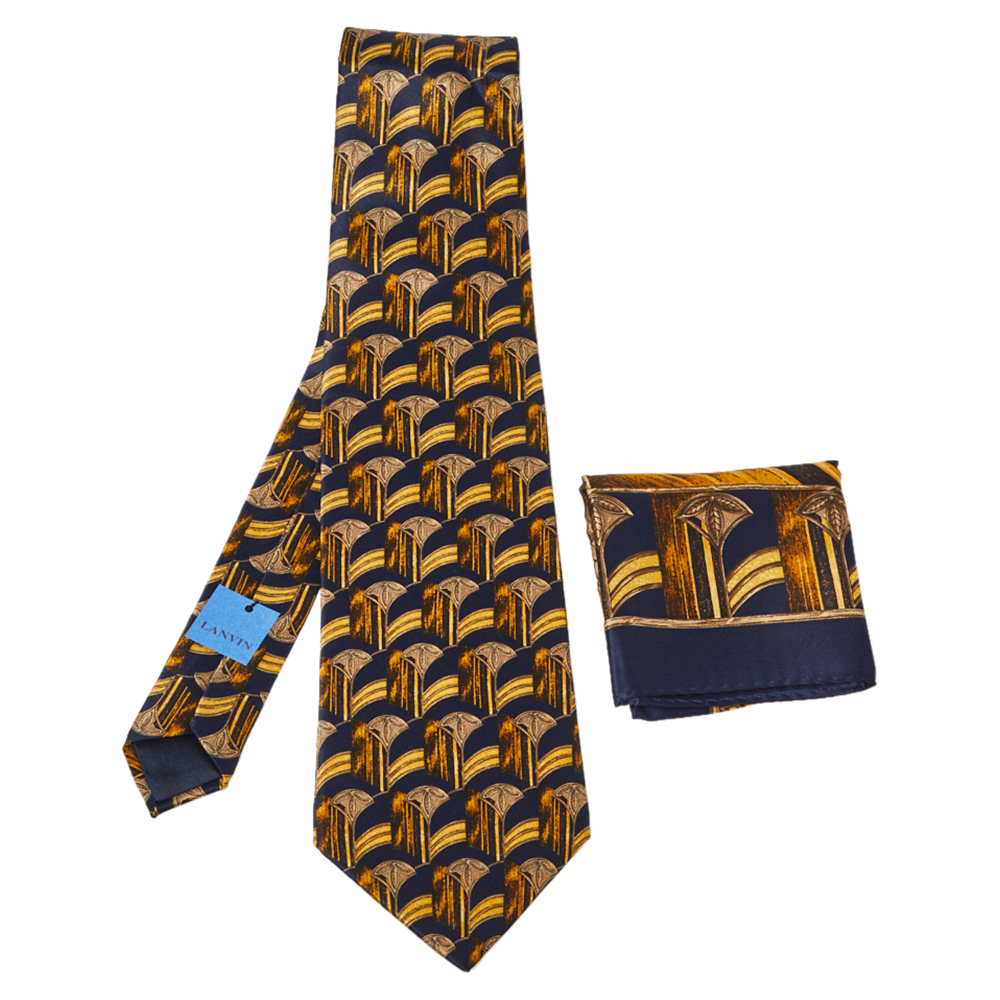 Lanvin Navy Blue Abstract Printed Silk Traditional Tie & Pocket Square