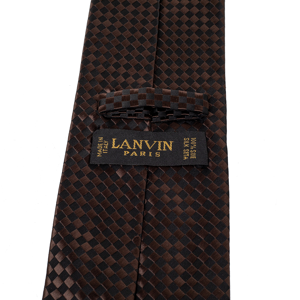 Lanvin Vintage Brown & Black Checkered Silk Traditional Tie
