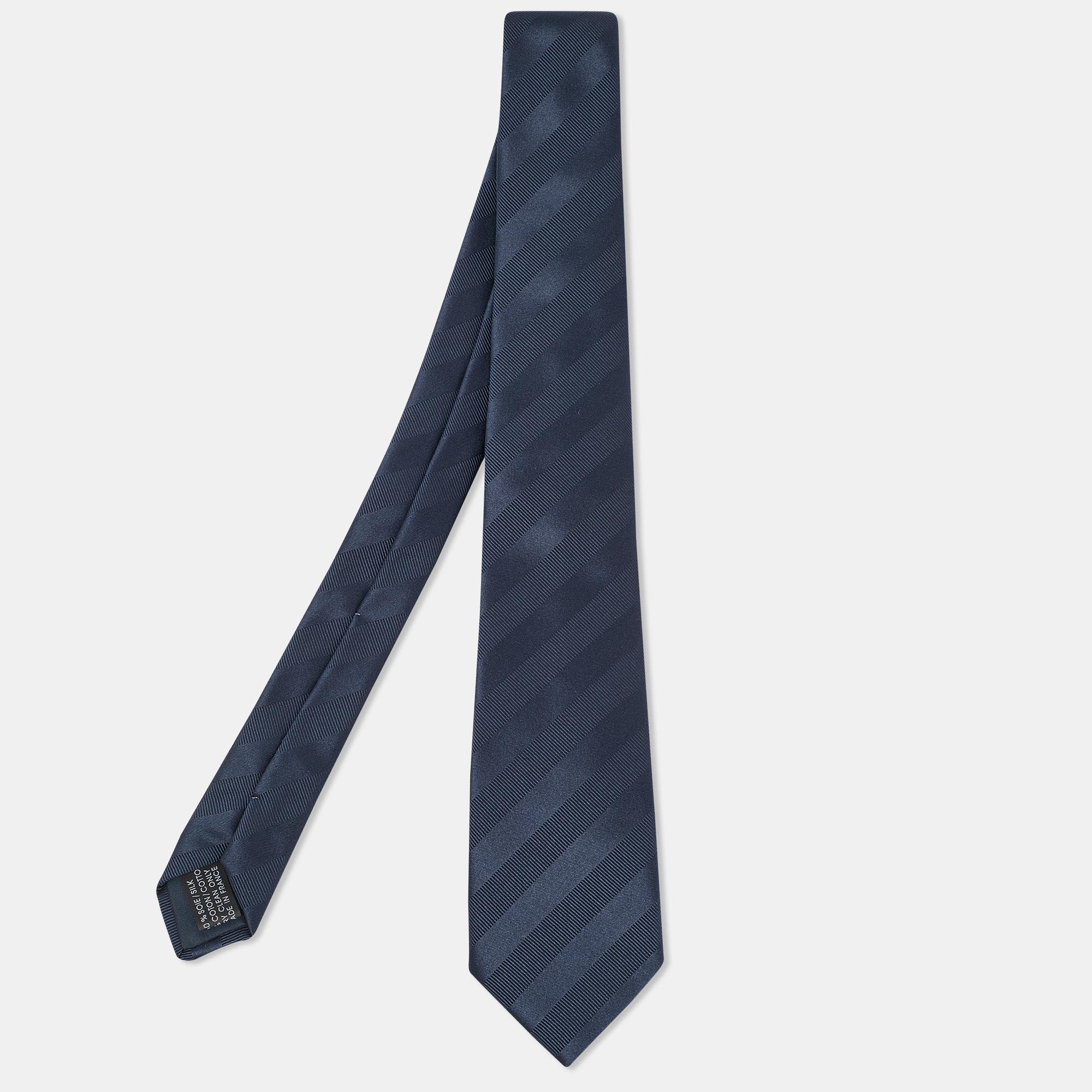 Lanvin midnight blue diagonal stripe pattern silk tie