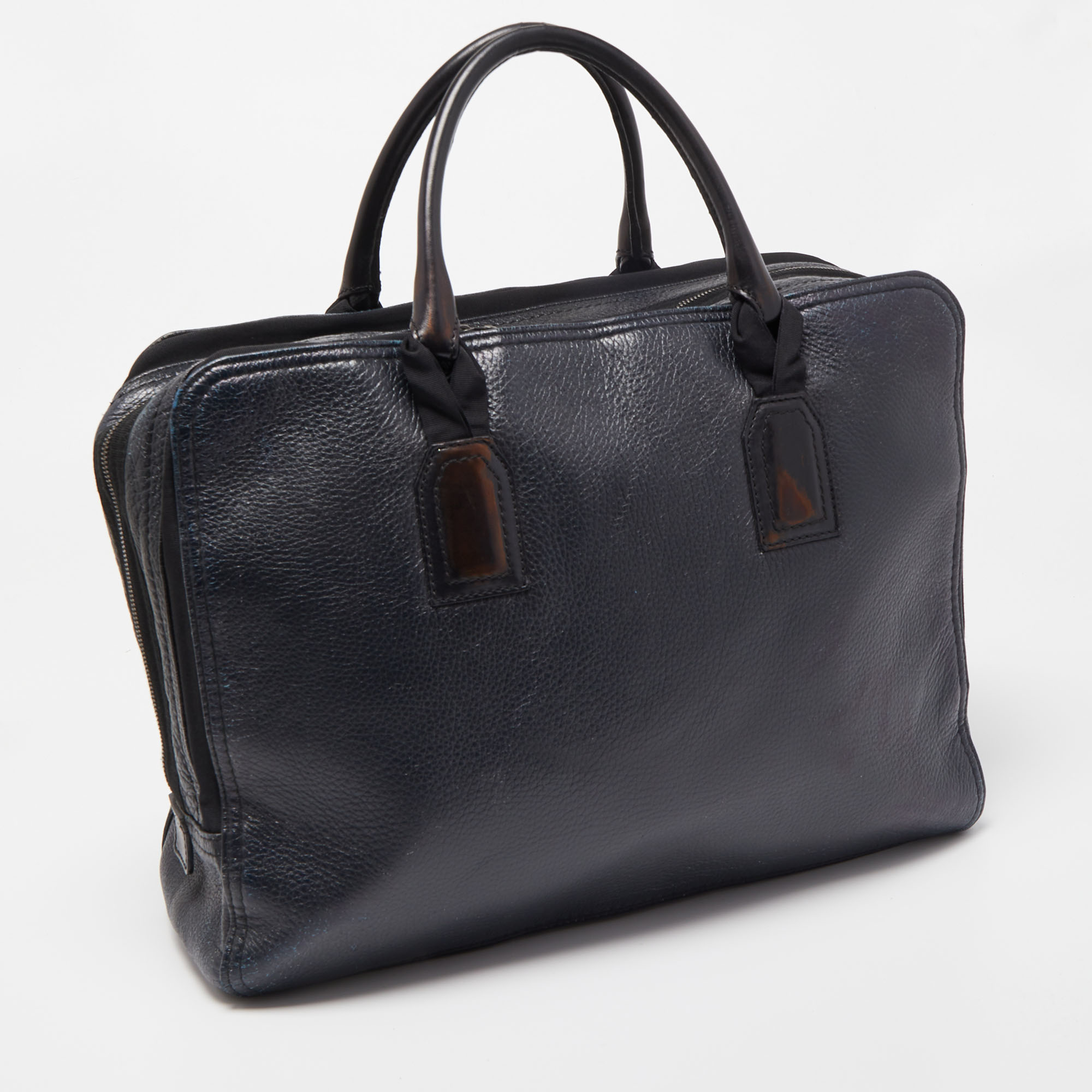 Lanvin Dark Blue Soft Leather And Fabric Zip Briefcase Bag