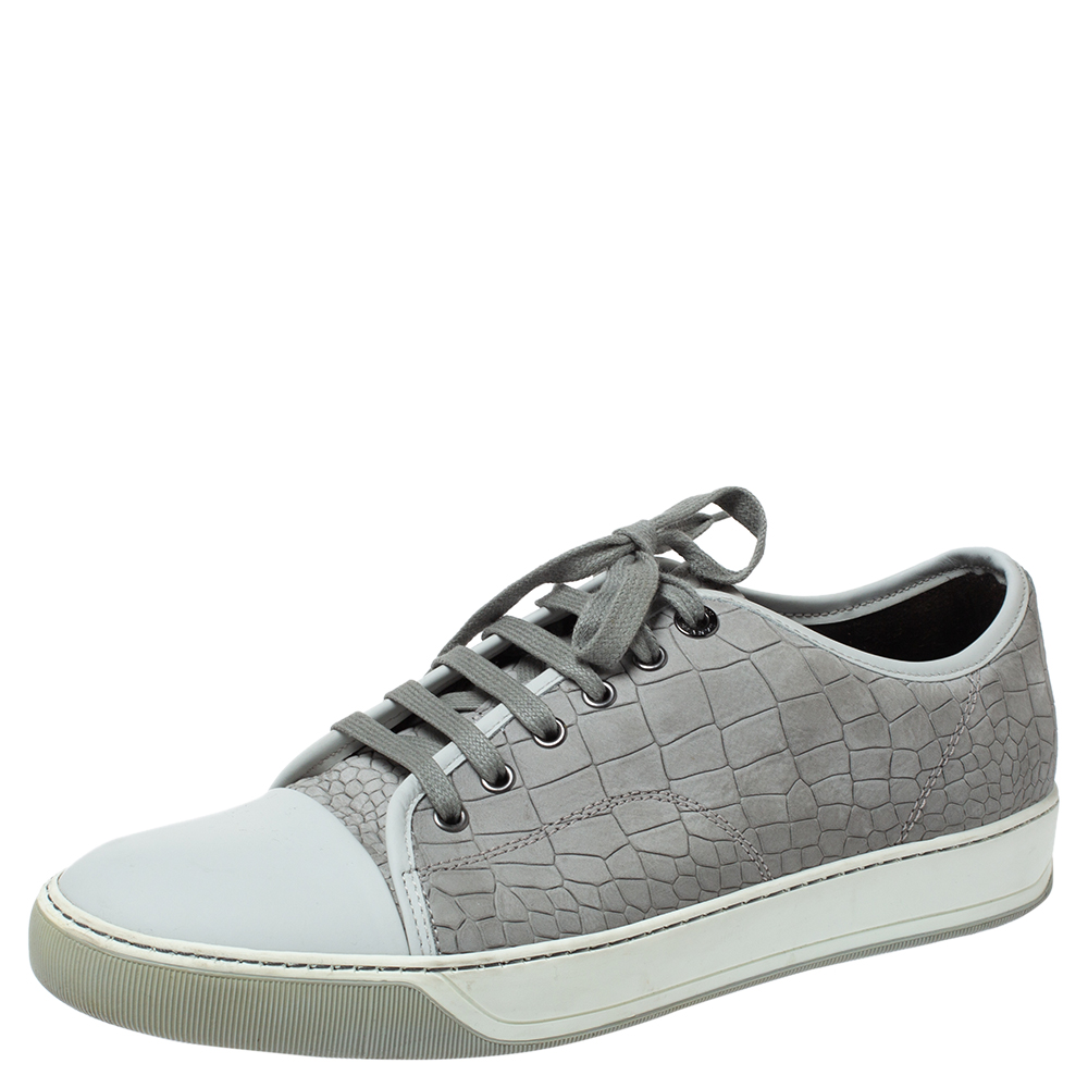 Image of Lanvin Grey Crocodile Effect Leather Sneakers Size