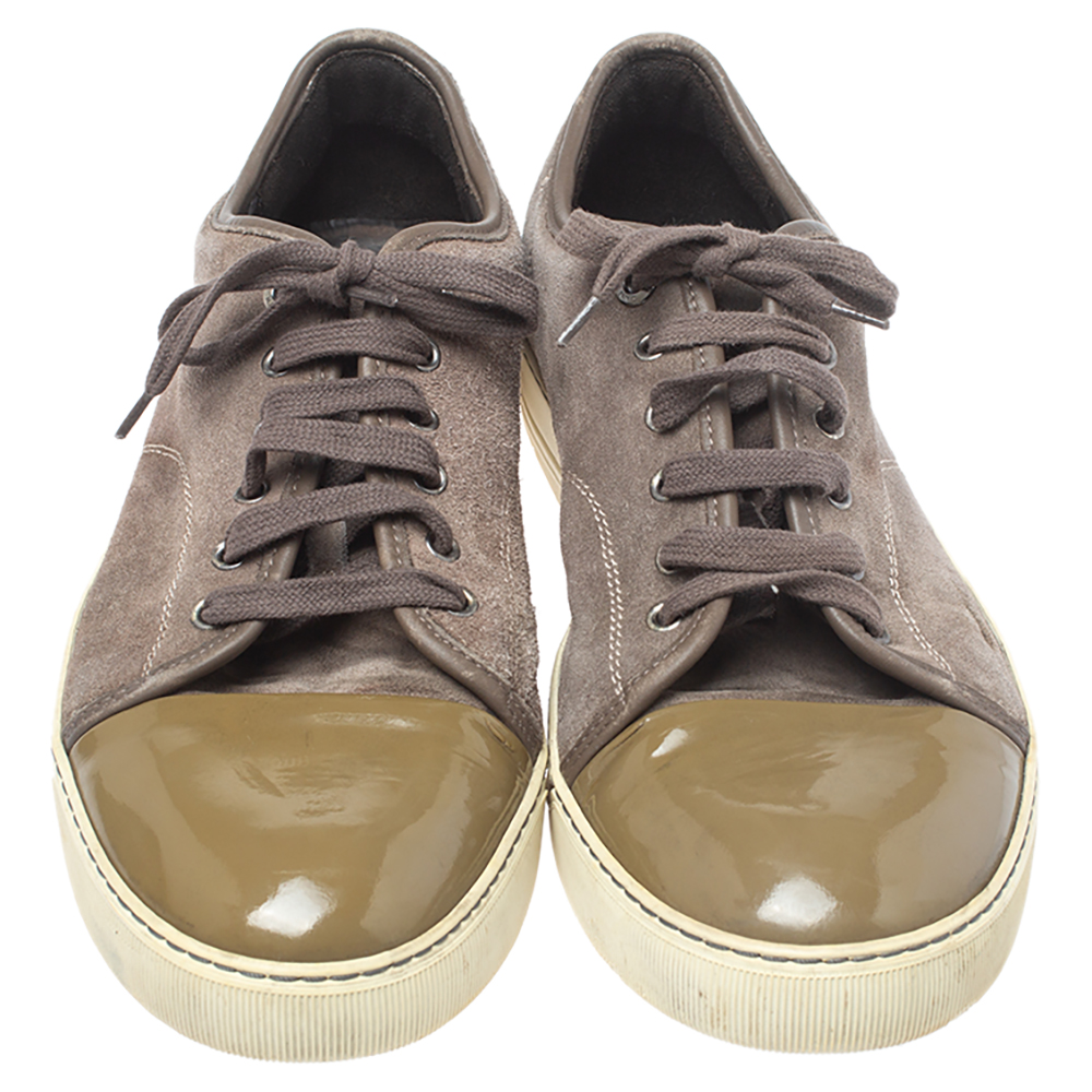 Lanvin Brown/Green Patent And Suede Leather Low Top Sneakers Size 43