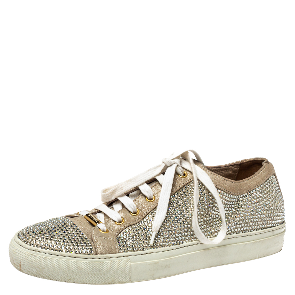 Le Silla Metallic Beige Crystal Embellished Suede Low Top Sneakers Size 41