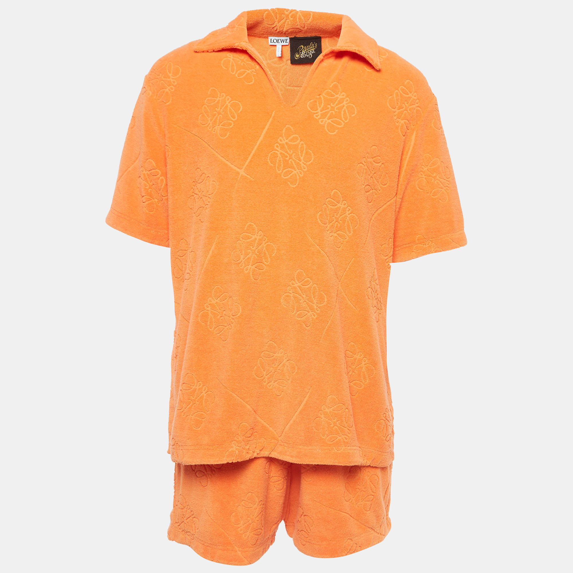 Loewe x paula ibiza orange anagram terry cotton shirt & shorts set m