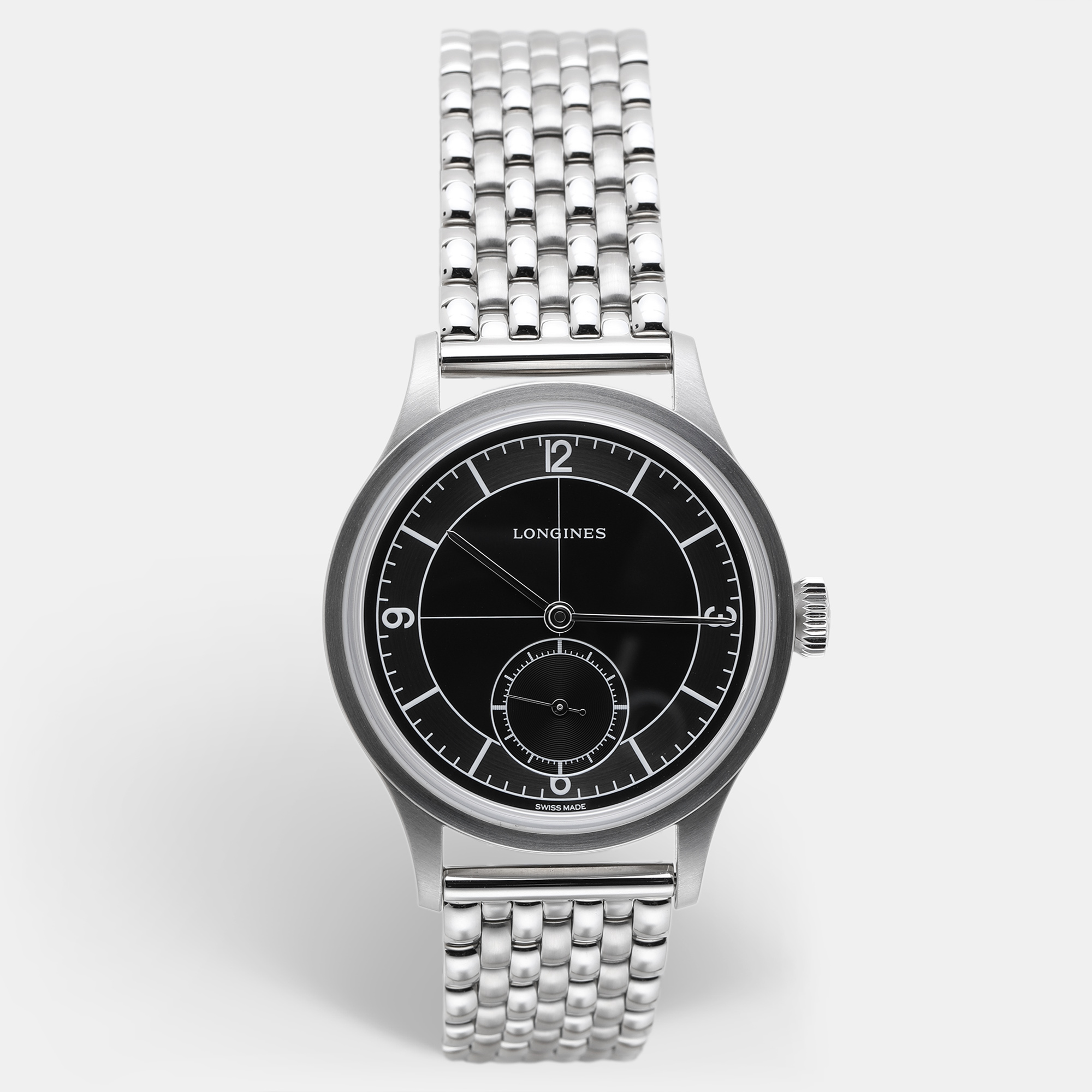 Longines Black Silver Stainless Steel Heritage L2.828.4.53.6 Men's Wristwatch
Longines Black Silver Stainless Steel Heritage L2.828.4.53.6 Men's Wristwatch