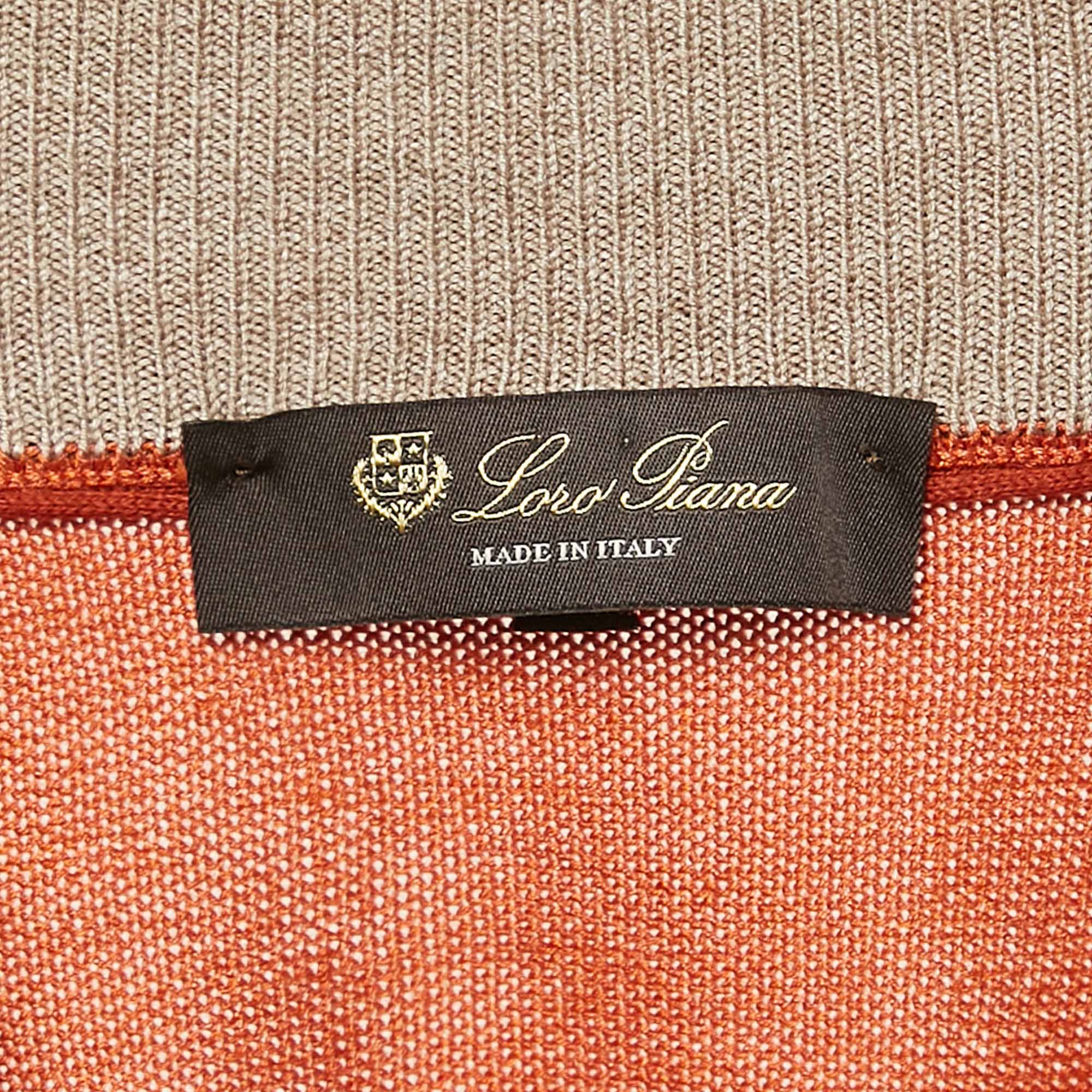 Loro Piana Orange Silk Knit Zip-Up Sweater XXXL